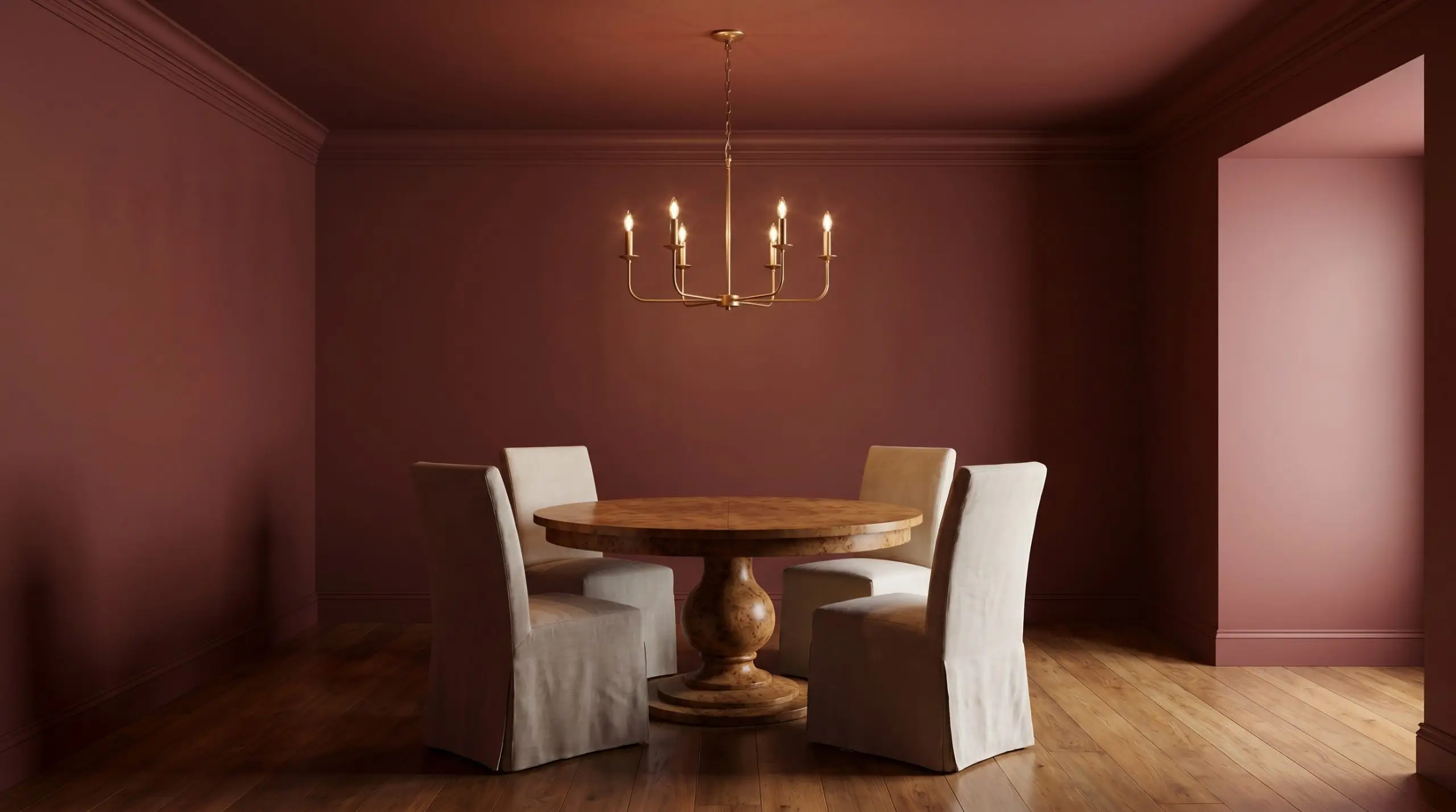 A vintage burl wood pedestal table and faded linen slipcovered chairs sit beneath an unlacquered brass chandelier in a color-drenched earthy crimson dining room.