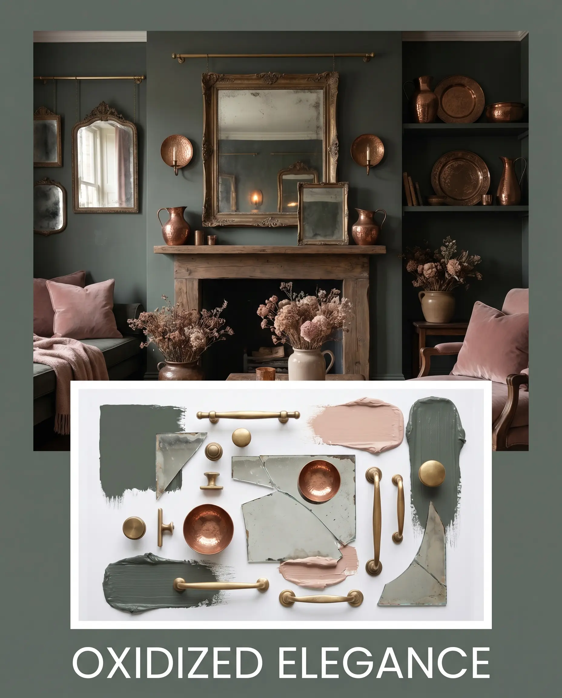 Unlacquered brass gallery rails and hammered copper accents anchor a historic room shot displayed above a flat-lay of antique mirror glass and brass hardware.