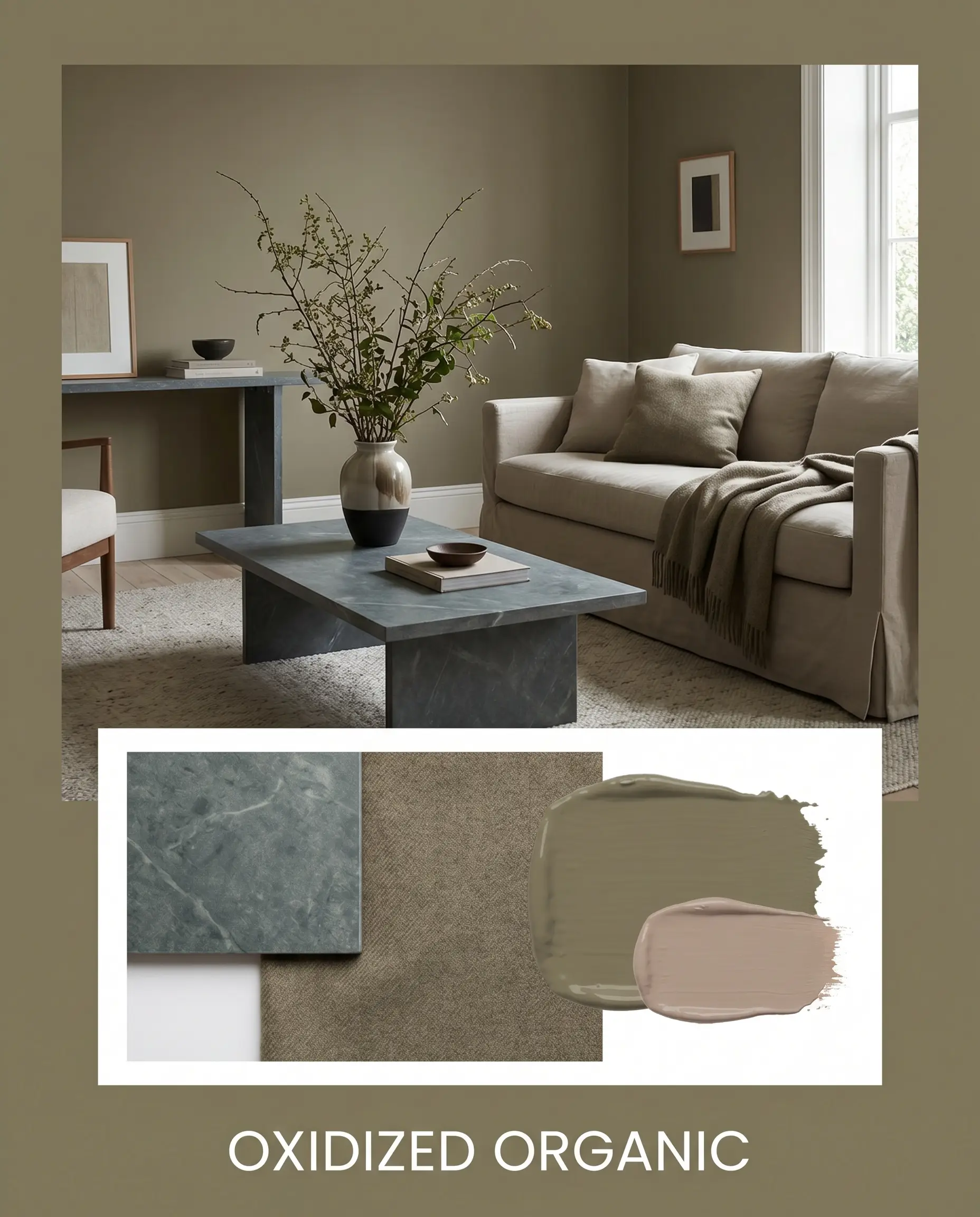 An editorial concept board titled Oxidized Organic displays a muddy green living room alongside a tactile flat-lay of honed soapstone swatches and worsted wool fabric.