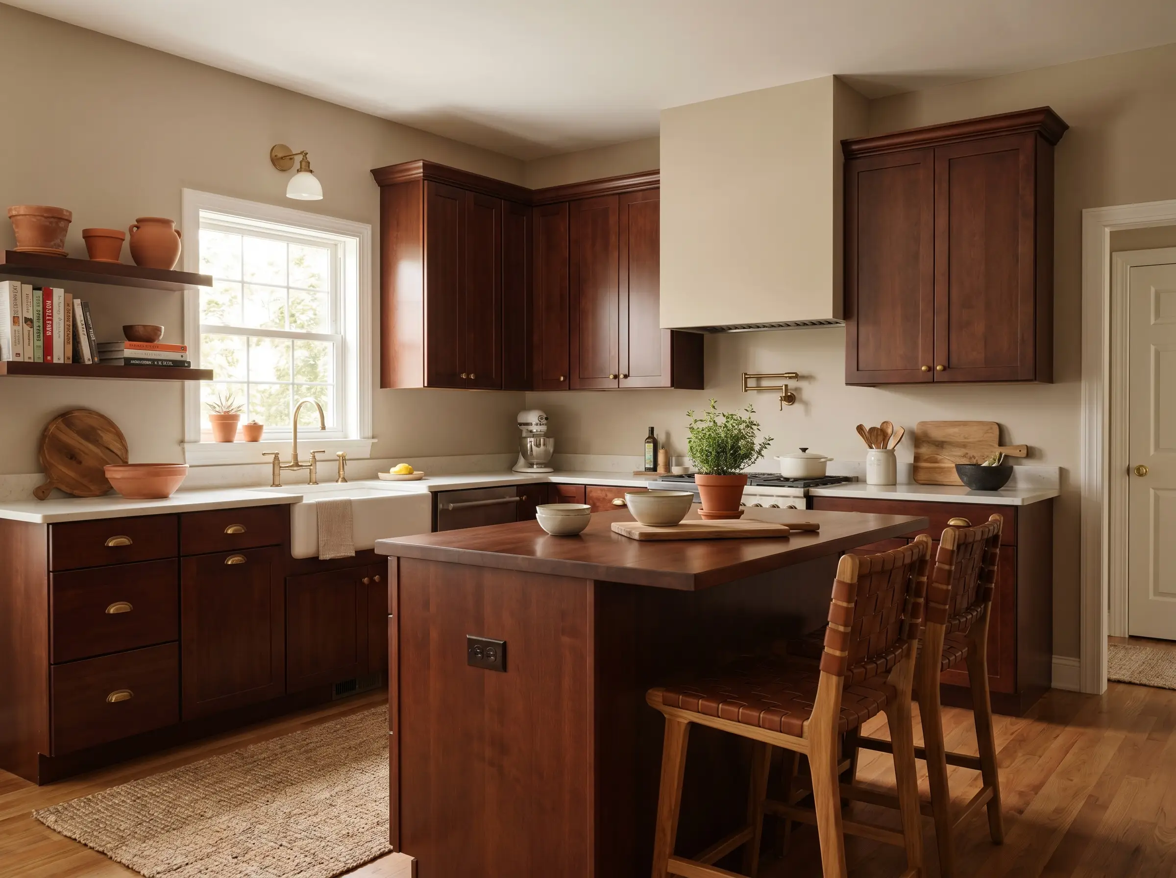 Taupe-leaning beige walls represent ideal paint colors that go with cherry wood cabinets, grounding the rich wood center island and everyday barstools.