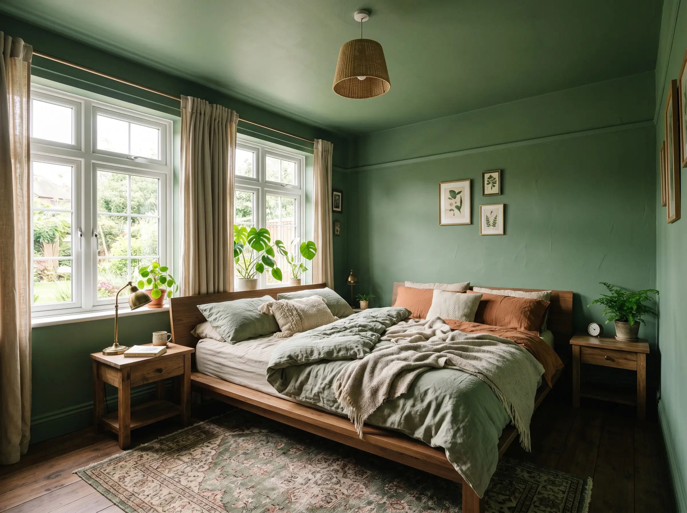 Green paint extends from the drywall to completely cover the ceiling, creating a continuous jewel-box canopy above a platform bed and wood nightstands.