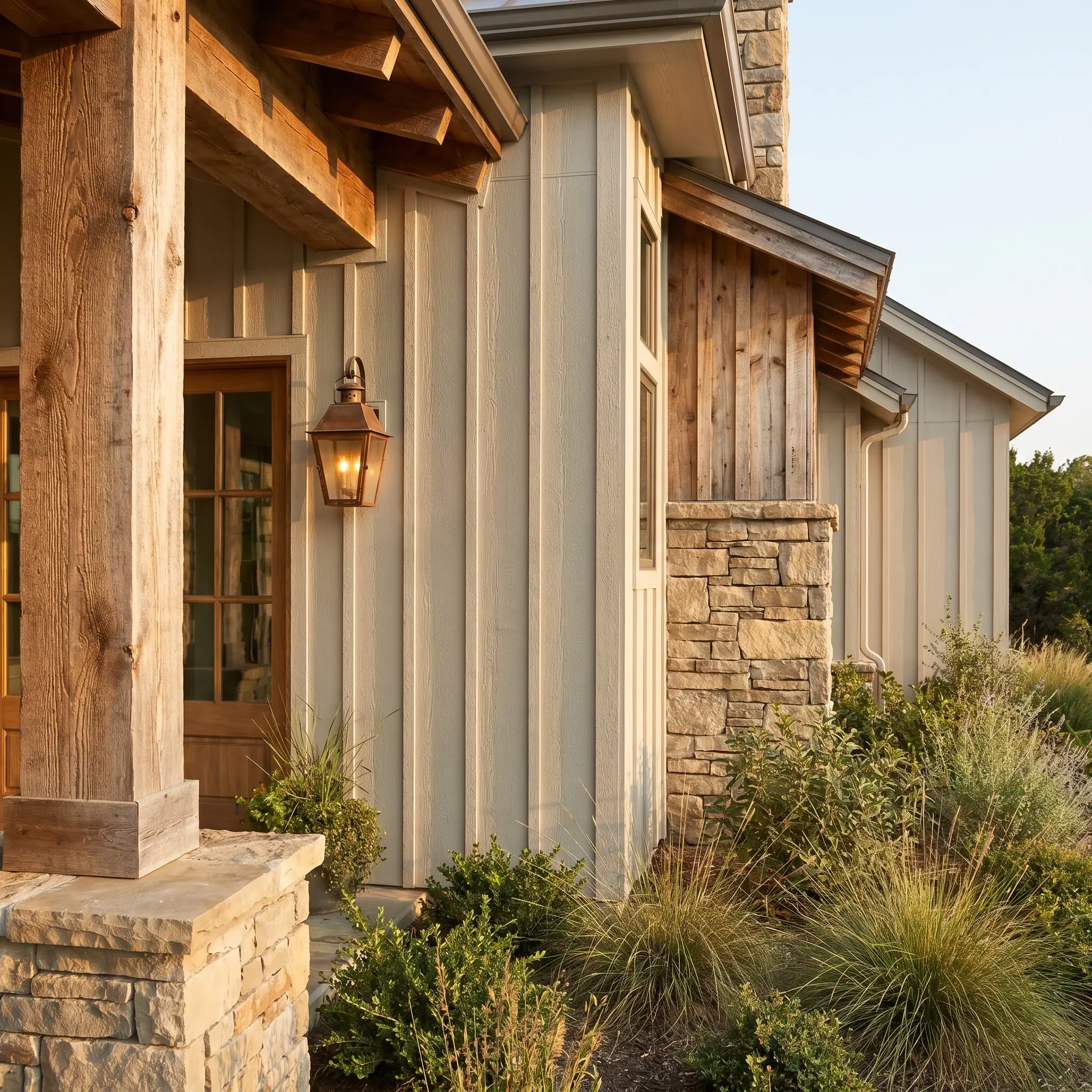 Earthy greige board and batten siding transitions seamlessly into heavily textured natural stone cladding and raw cedar architectural columns.