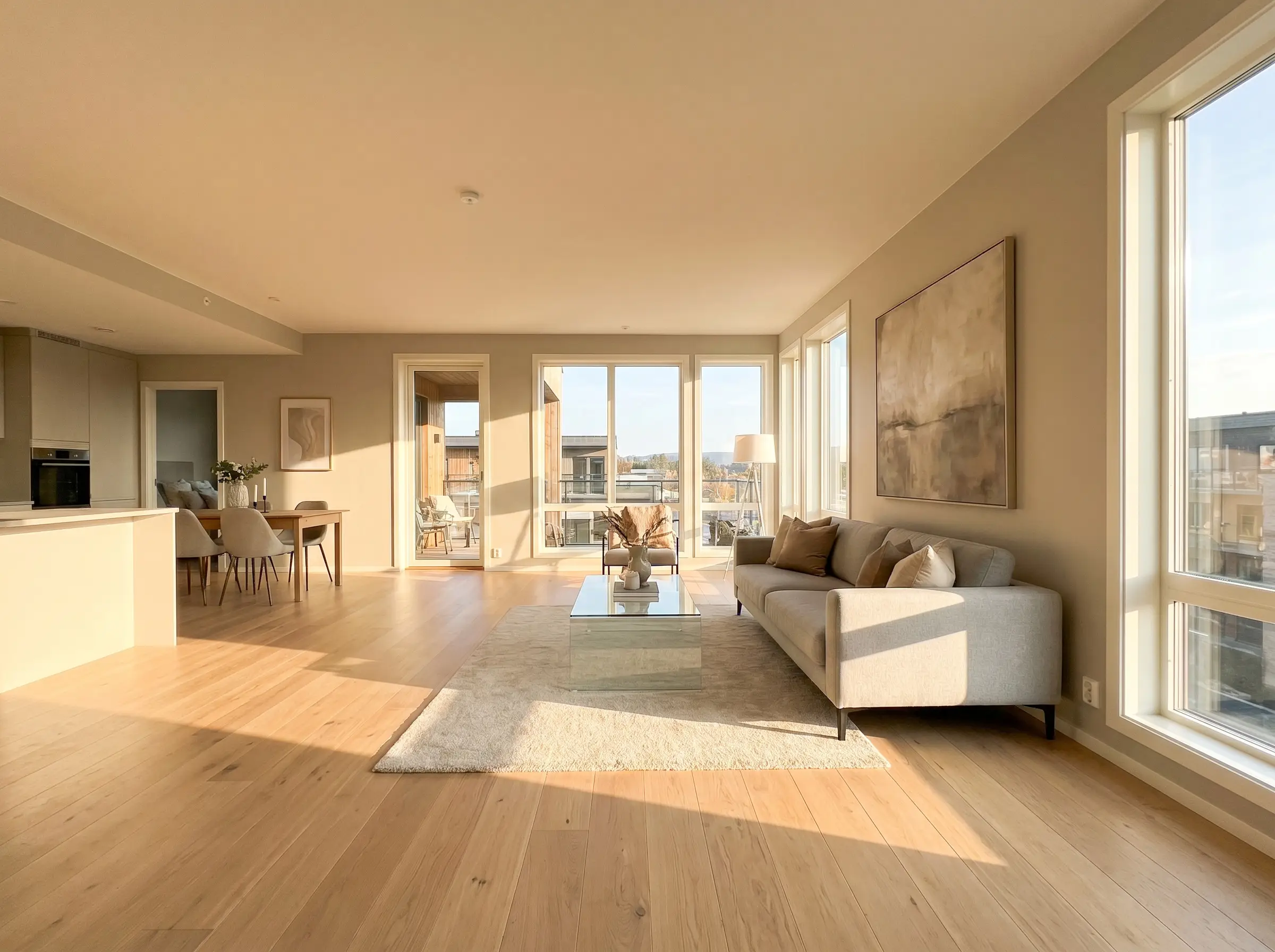A sleek contemporary sofa, glass coffee table, and oversized abstract canvas furnish an open-concept living area surrounded by light cool greige walls.