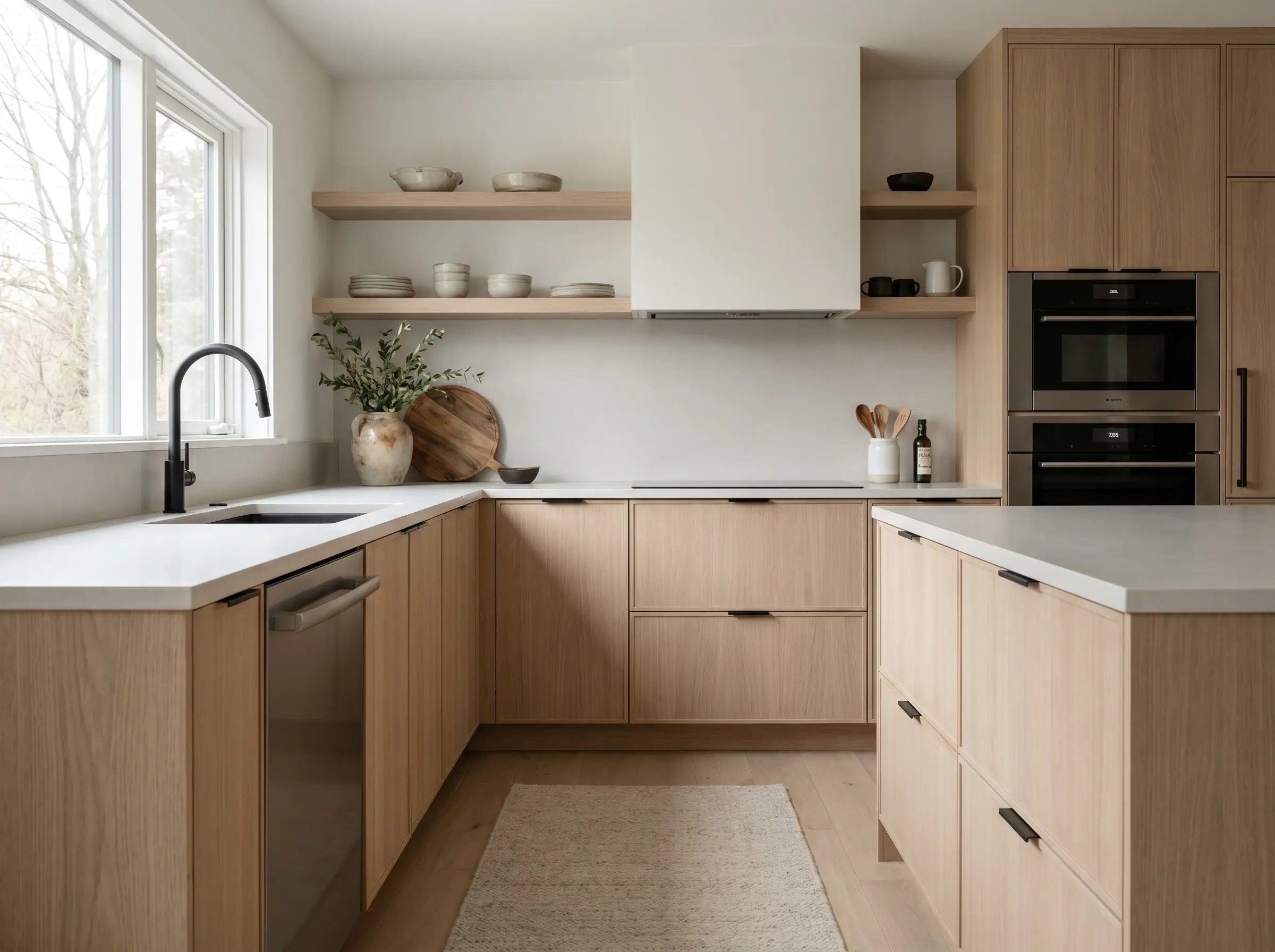 Pale oak aftermarket artisan cabinet fronts pair with a sleek matte porcelain countertop and a minimalist matte black faucet in this tailored layout.