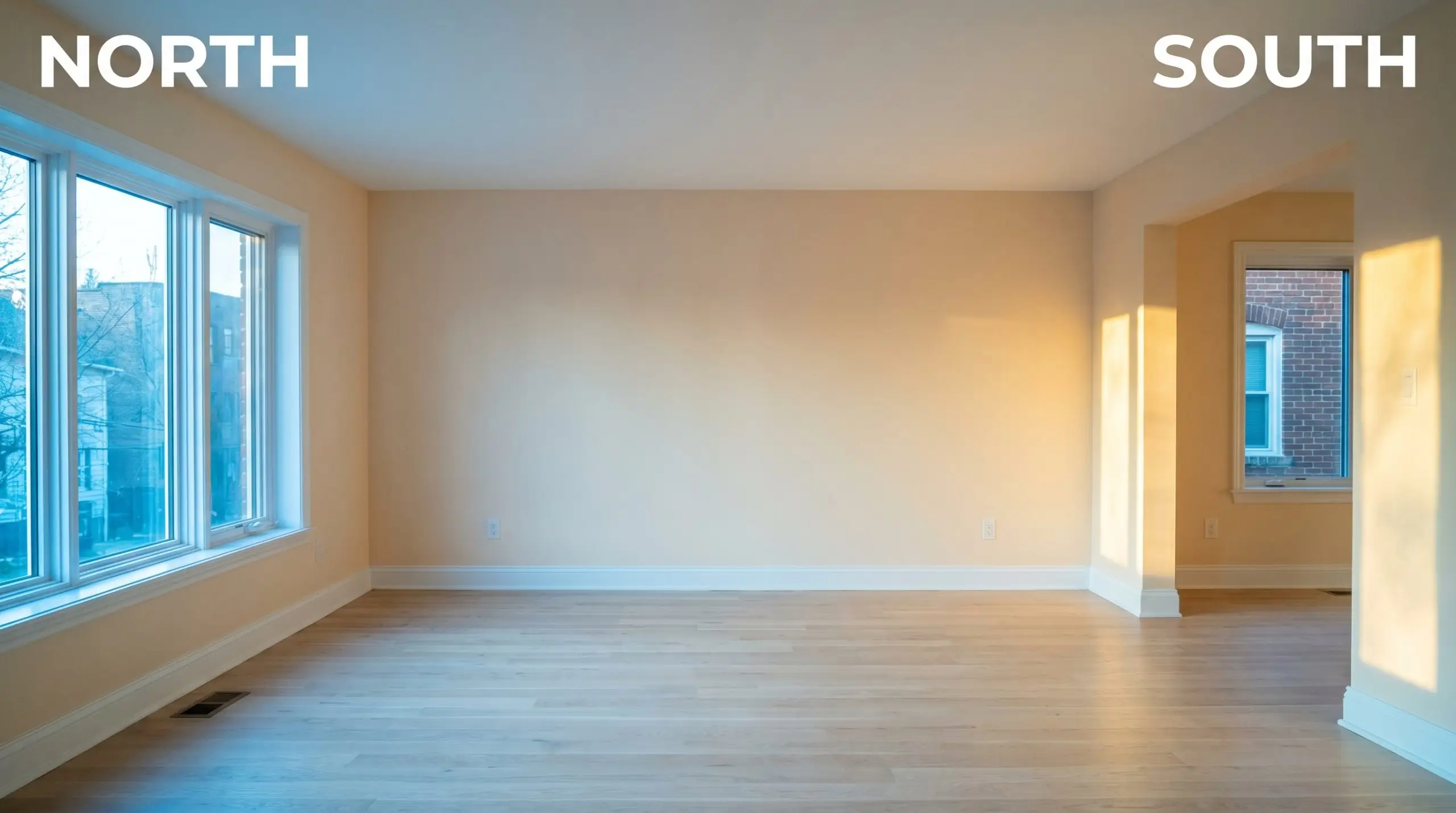 Lightly stained oak floors anchor a minimalist living room painted Benjamin Moore Pale Oats, shifting from a flat cooler tone in North-facing daylight to a warm apricot undertone in golden South-facing exposure.