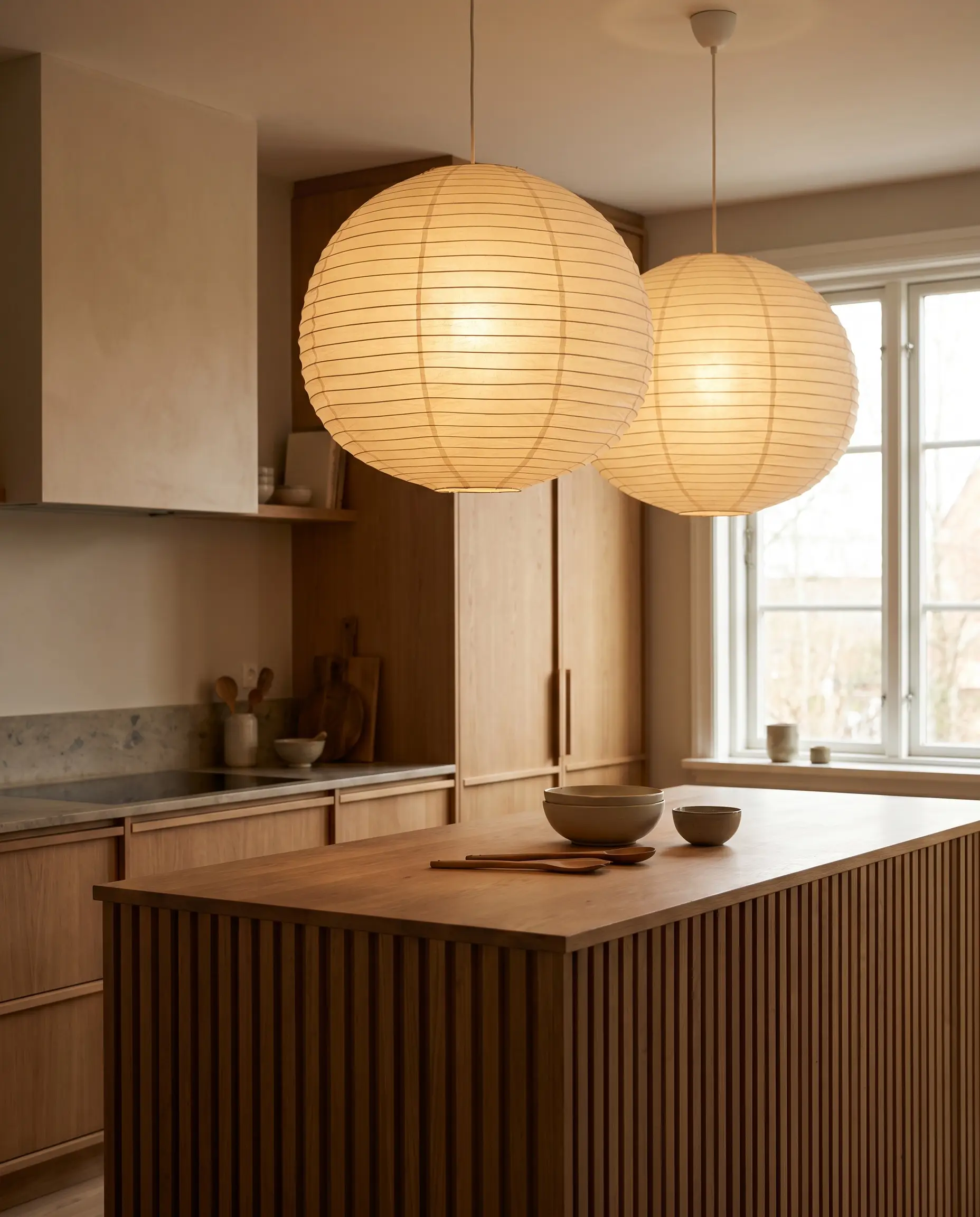 Oversized Shoji-inspired paper lantern pendants cast a soft glow over a slatted wood kitchen island, soapstone countertops, and oak cabinetry.