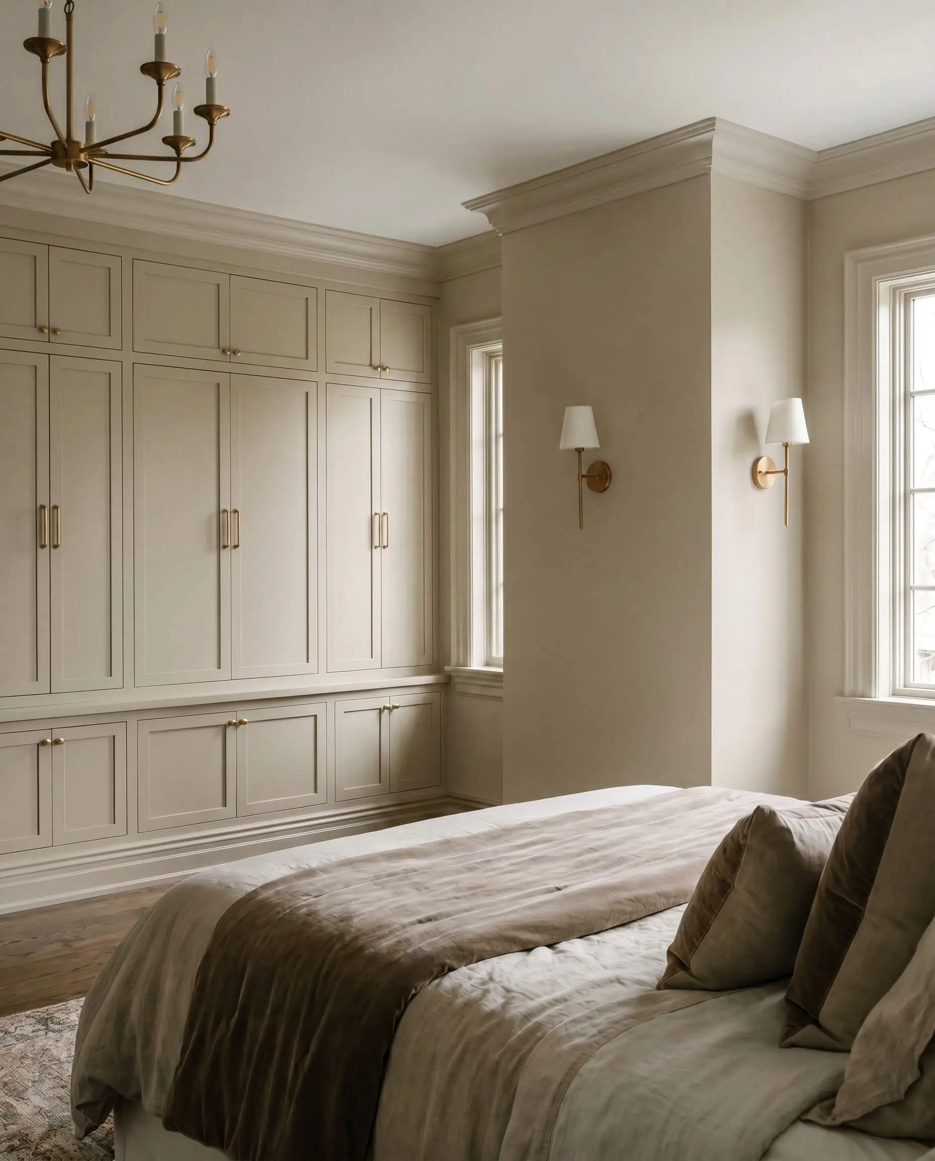 Custom built-in cabinetry and crisp white architectural trim frame a luxurious bed with layered textured linens and warm brass lighting fixtures.
