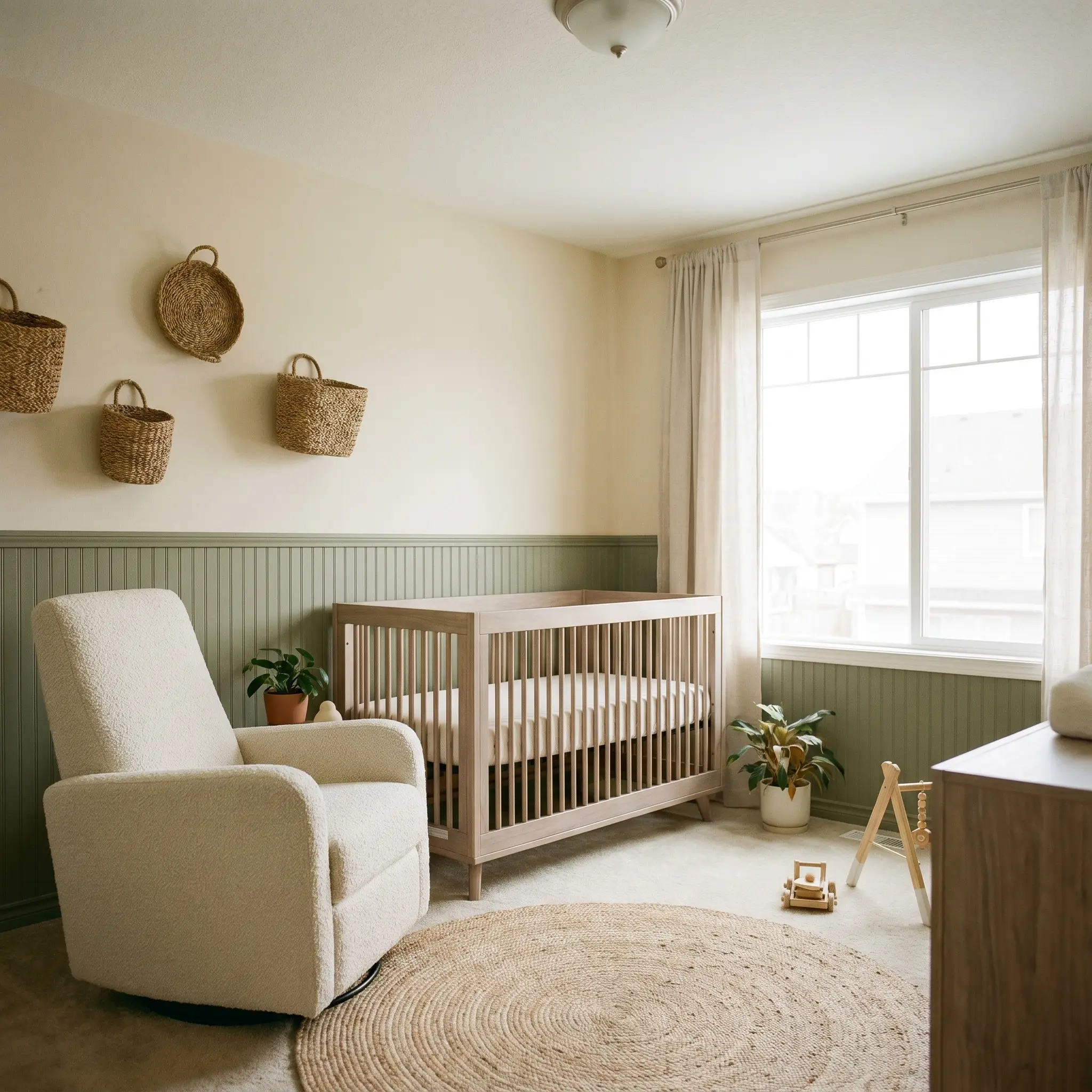 A bleached walnut crib and textured bouclé glider rest against soft earthy sage green beadboard and upper walls painted Benjamin Moore Pale Oats.