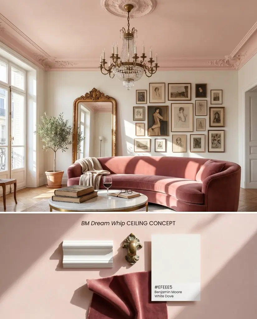 A split digital conceptual board for a Parisian living room showcasing a warm pastel pink painted ceiling above plaster crown molding and a velvet sofa.