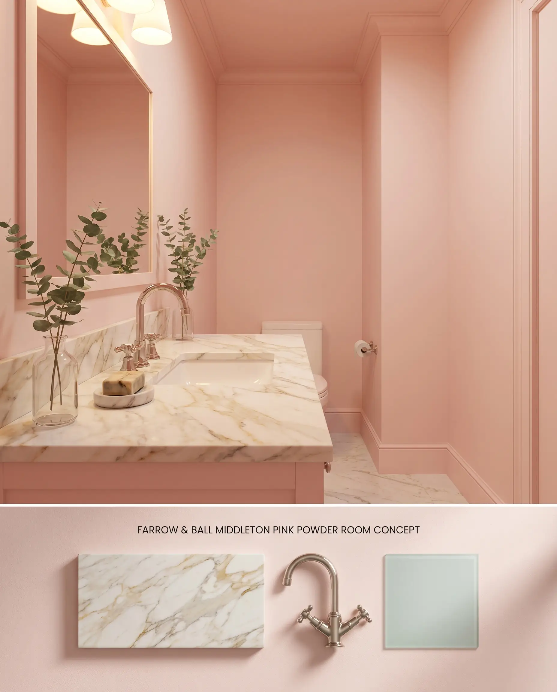 A split digital conceptual board for a windowless powder room drenched in Farrow and Ball Middleton Pink, with the bottom section displaying Calacatta Gold marble and polished nickel materials.