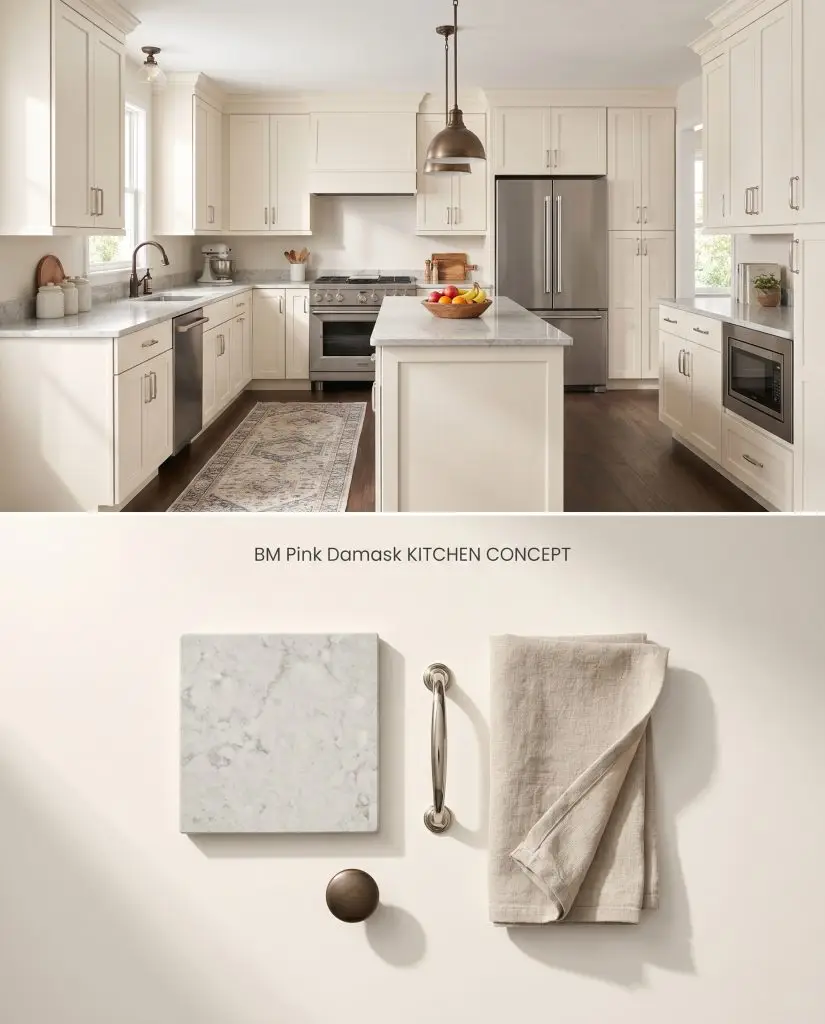 A conceptual board for a kitchen showcasing cabinetry painted in a sophisticated neutral, positioned above a physical flat-lay of stone counters and polished nickel hardware.