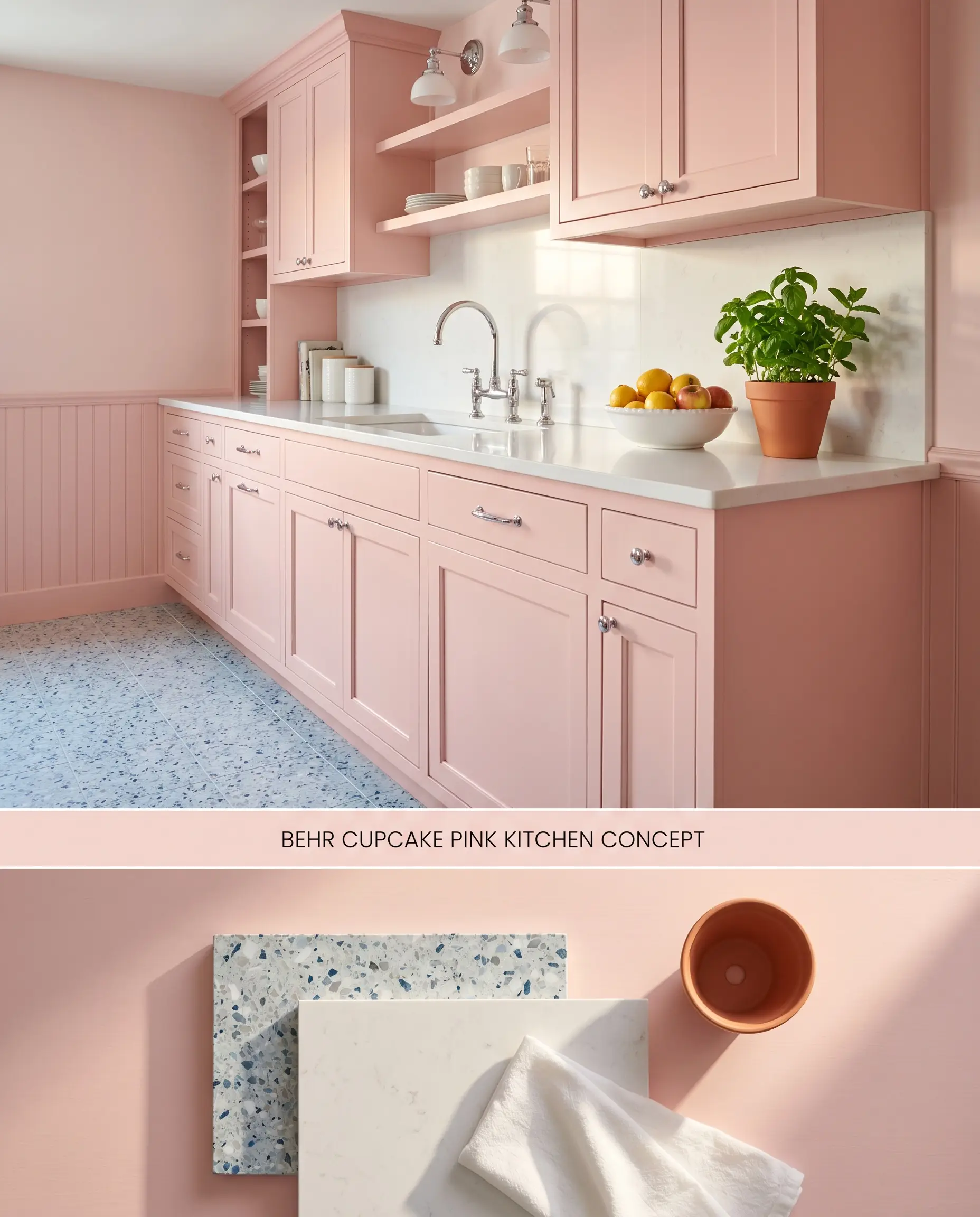 An architectural conceptual board for a retro kitchen showcasing peach undertone cabinetry with dense white quartz countertops, positioned above a physical flat-lay of cool-toned terrazzo and cotton textiles.