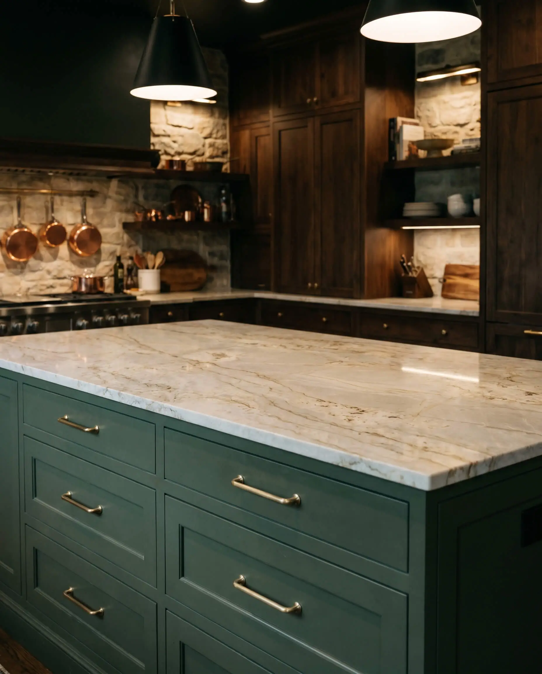 Deep Benjamin Moore Peale Green millwork features unlacquered brass drawer pulls directly beneath a cream and gold flecked stone countertop.