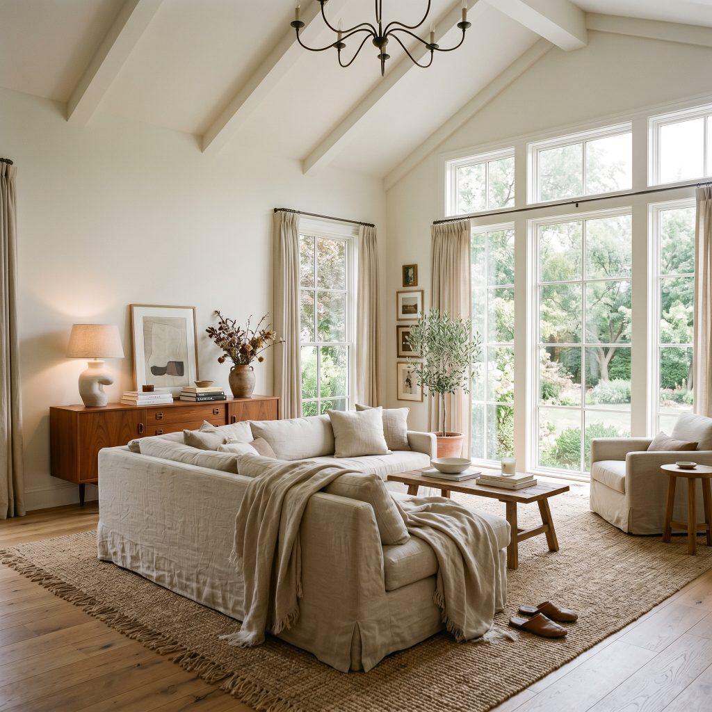 Washed linen slipcovers and a textured jute rug anchor a sunlit living space surrounded by complex cream walls and expansive architectural windows.