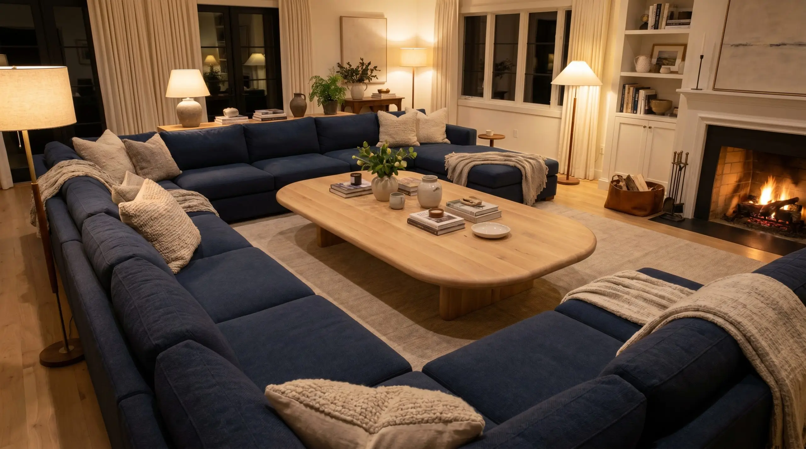 A massive pill-shaped design offers perfect coffee tables to match a navy blue sofa, allowing ample clearance space around an oversized U-shaped sectional.