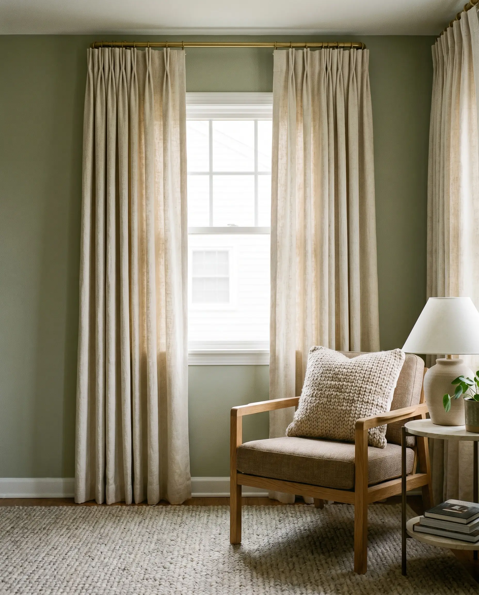 Heavyweight unbleached slub linen curtains with a pinch pleat header frame Benjamin Moore October Mist sage green walls next to an oak armchair.