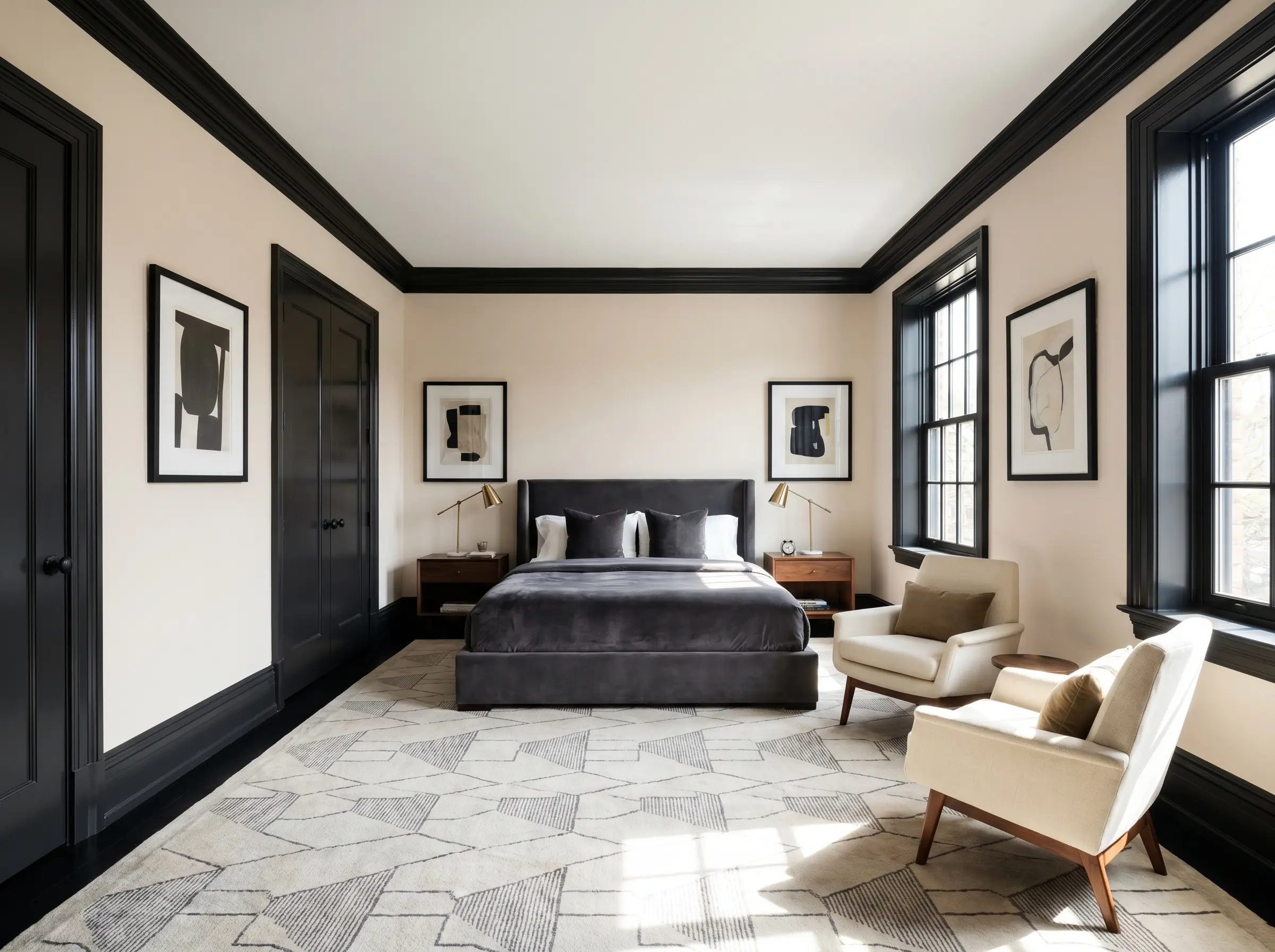 Glossy pitch black baseboards, crown molding, and enamel closet doors frame neutral walls around a plush bed and curated mid-scale furnishings.