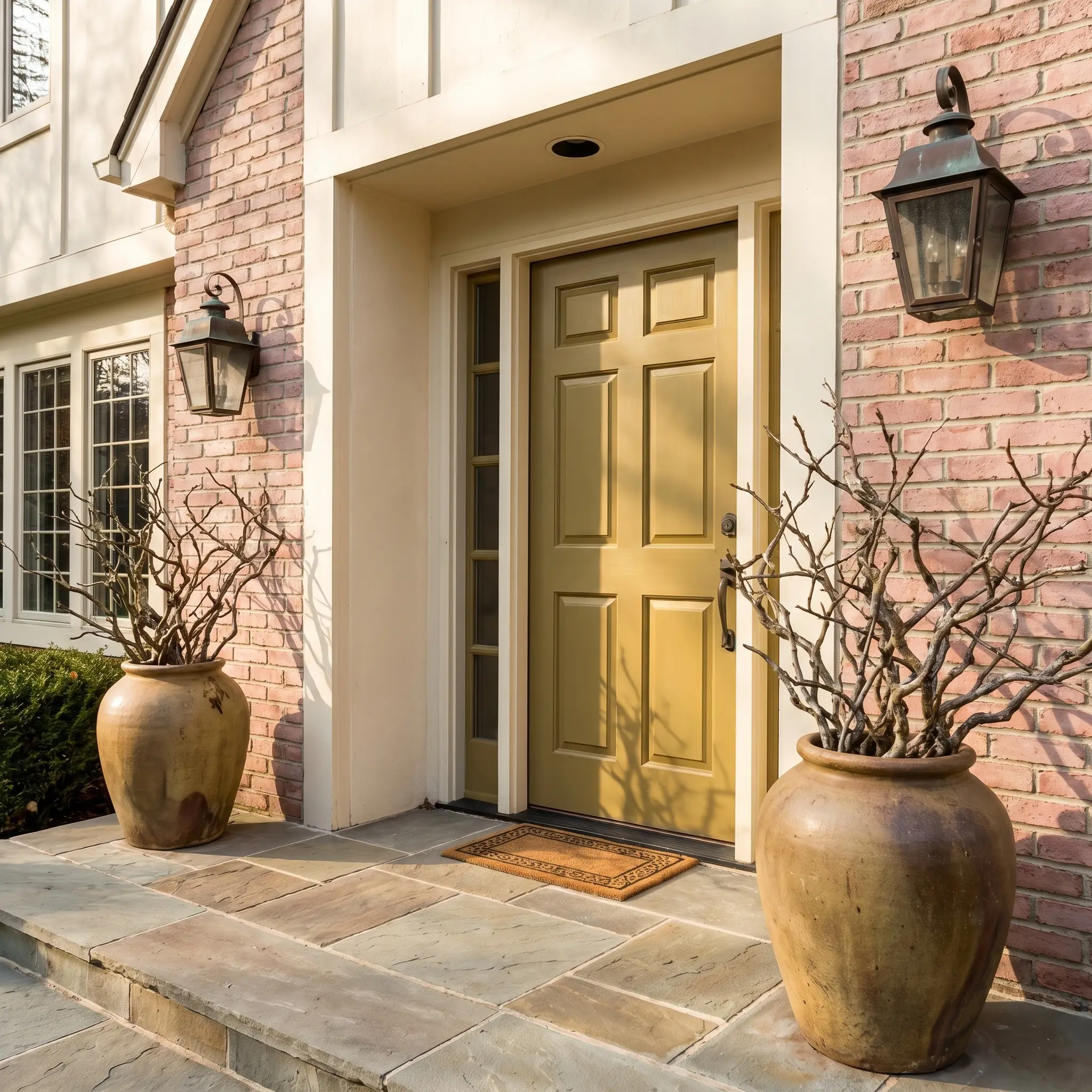 Massive asymmetrical ceramic planters and heavy aged copper lighting fixtures flank a classic suburban front door painted in Farrow & Ball Sap Green.