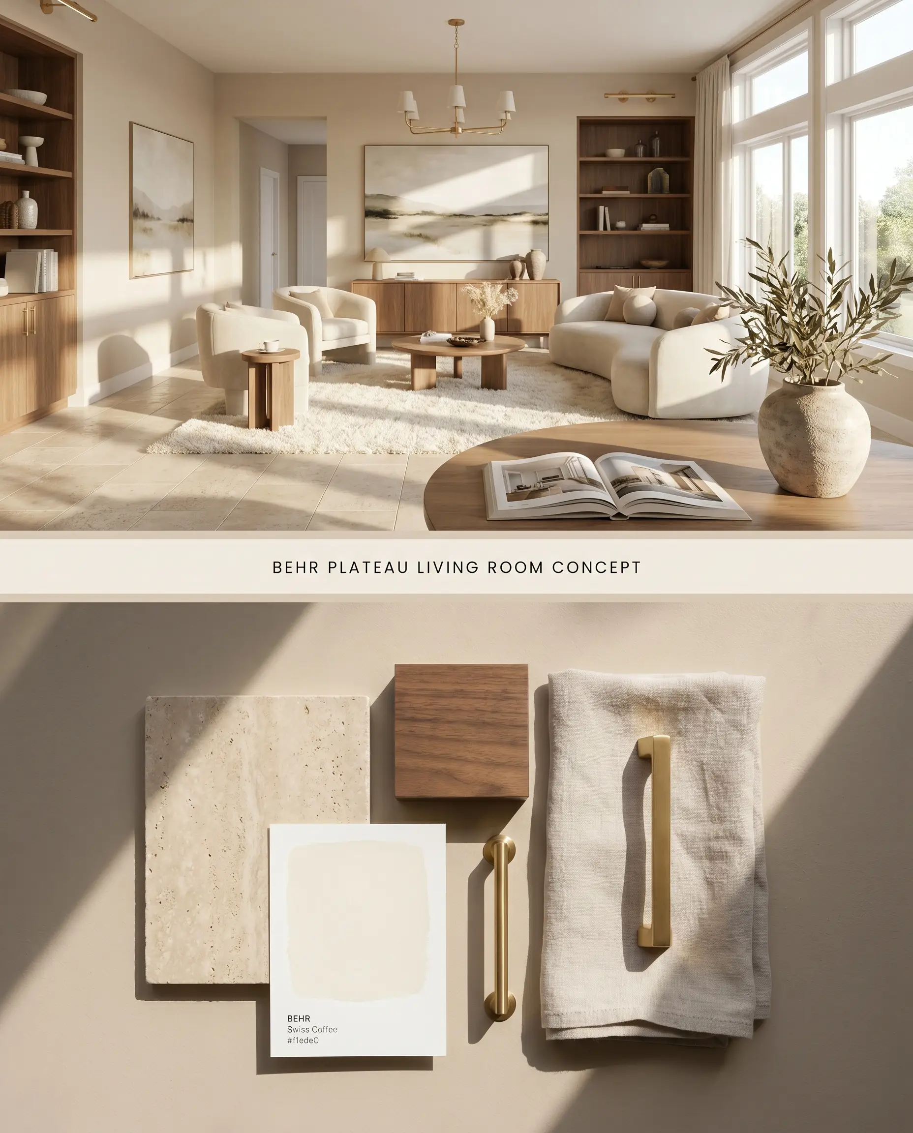A split digital conceptual board for a sunlit living room featuring earthy beige walls on top, and physical materials like travertine and walnut below.