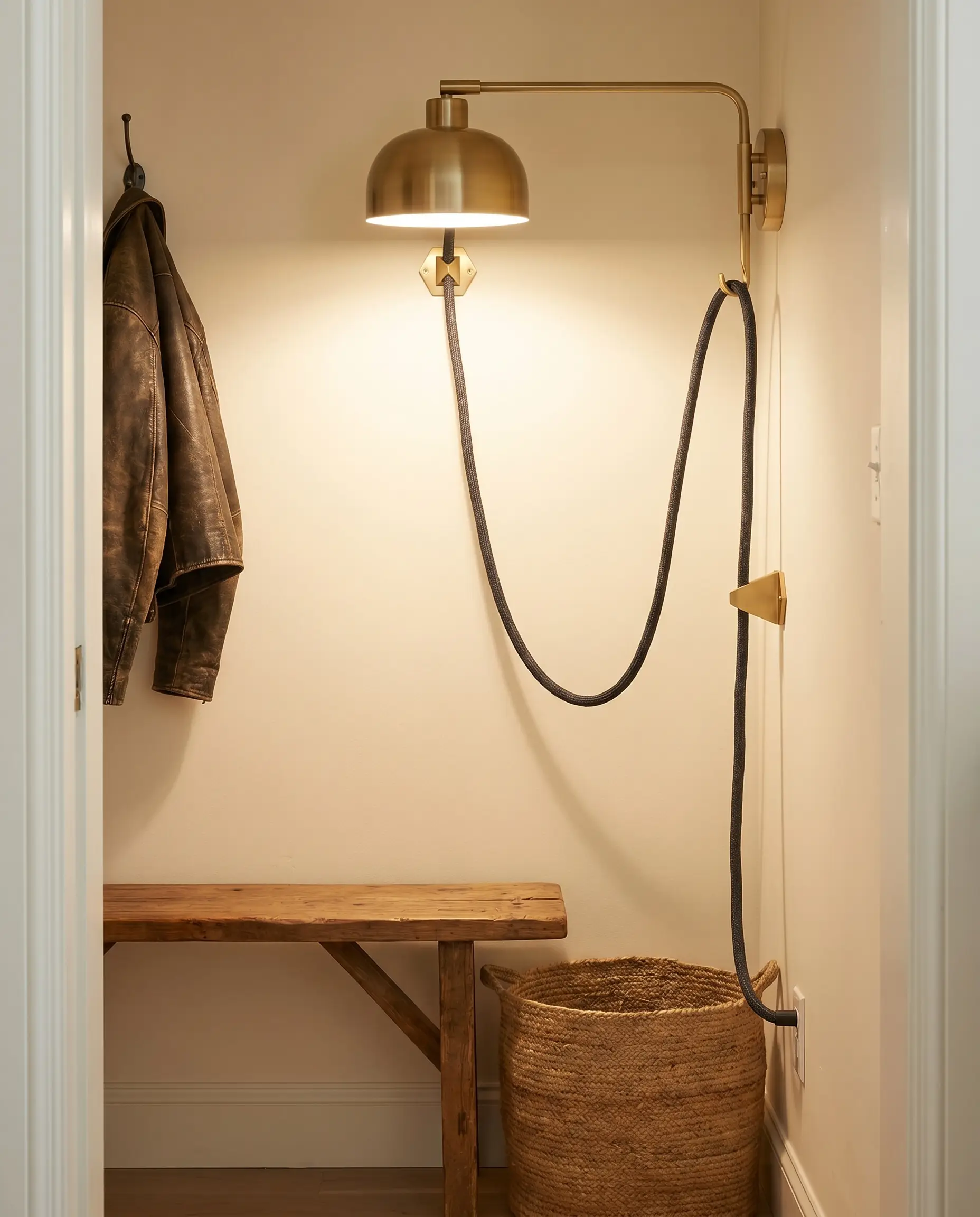 A plug-in wall sconce with brushed metal hardware and a draped fabric-wrapped cord illuminates a small entryway bench and a woven basket.