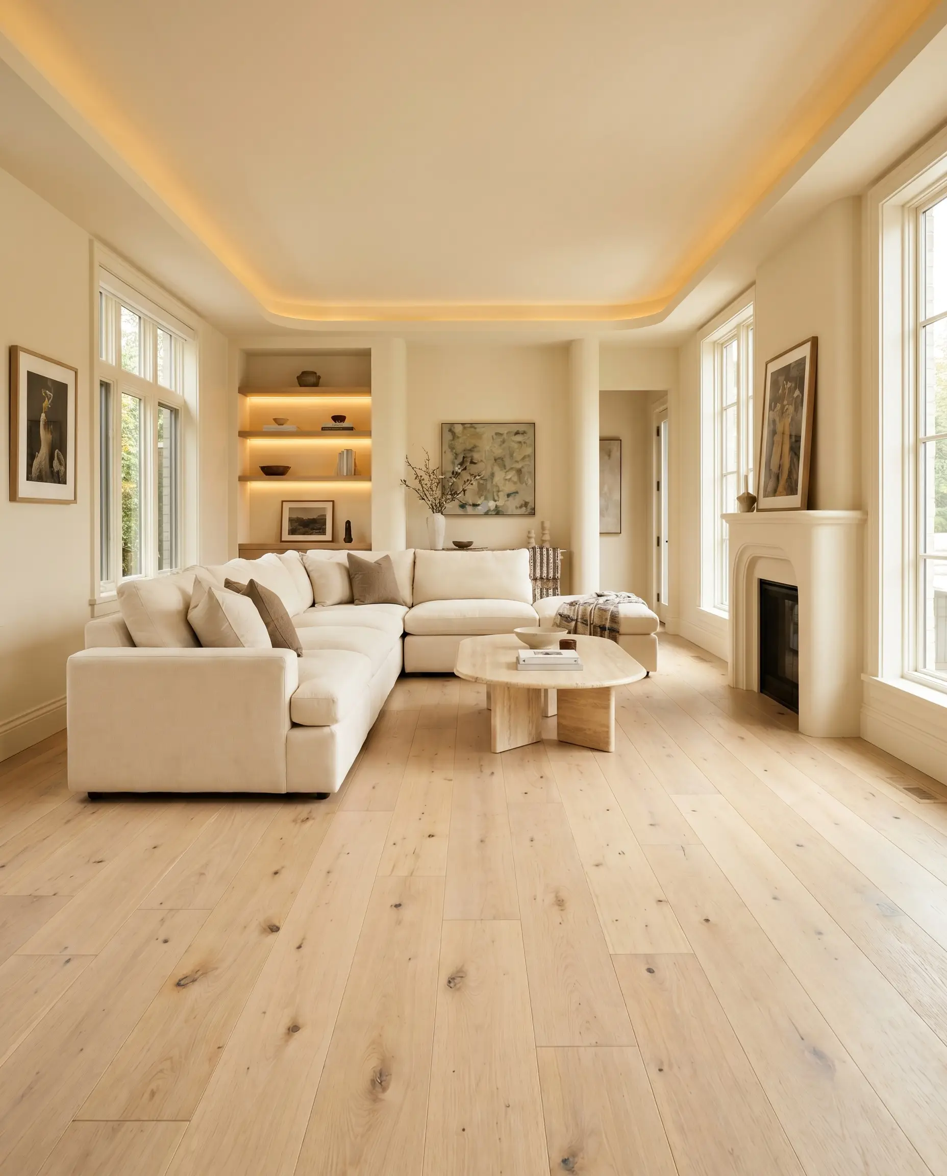 A plush cream sofa and a travertine coffee table sit on raw European oak planks surrounded by Farrow & Ball Pointing warm cream walls.