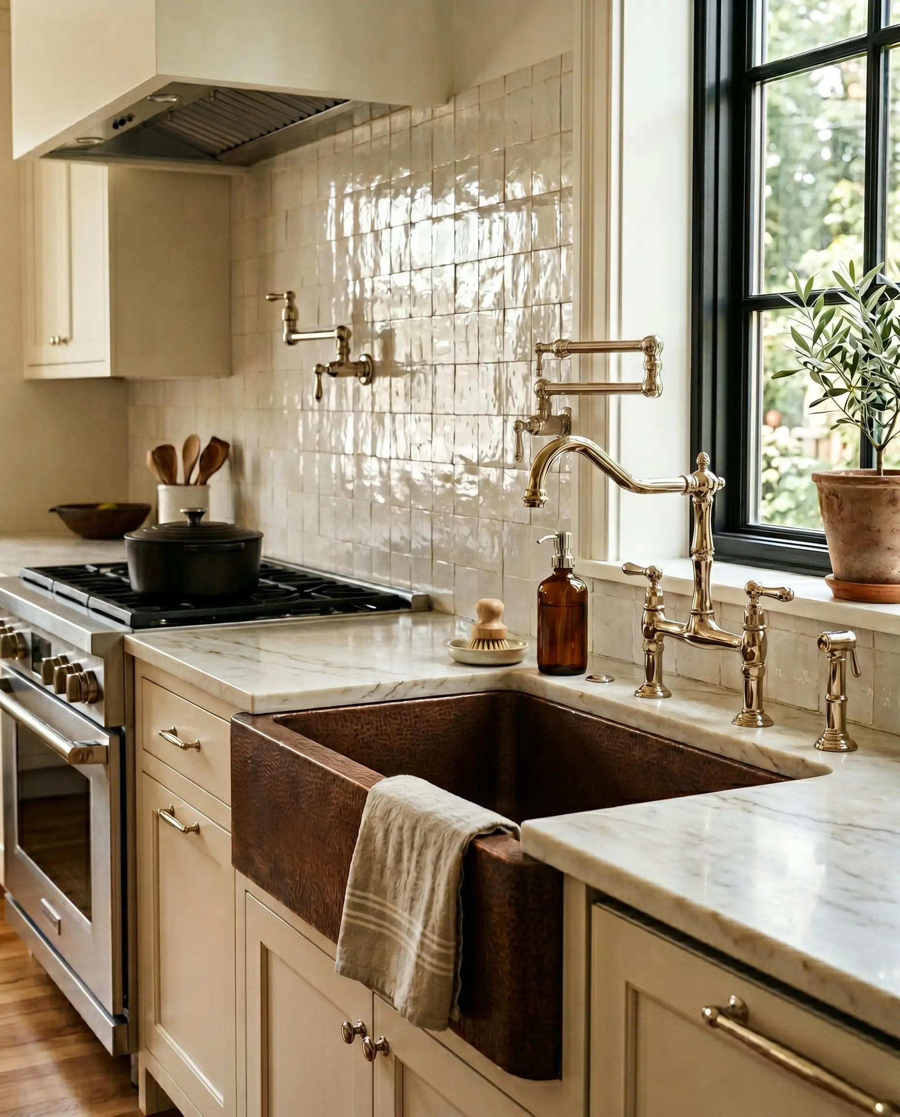 A polished nickel bridge faucet and pot filler provide a sharp metallic contrast against the earthen wabi-sabi warmth of undulating terracotta tiles.