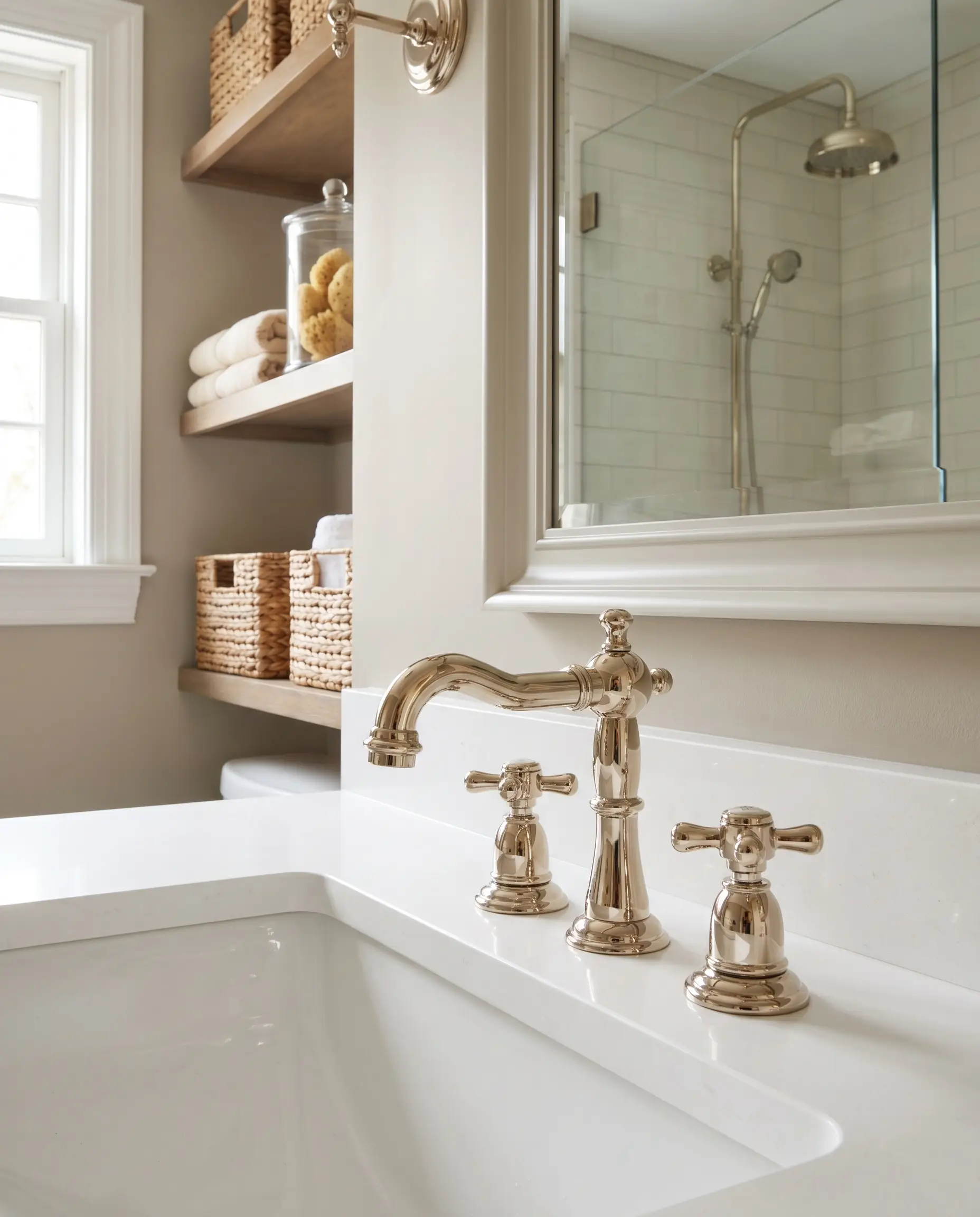 A bright polished nickel faucet sits on a clean white quartz countertop, reflecting the warm tones of a Benjamin Moore Pale Oak bathroom.