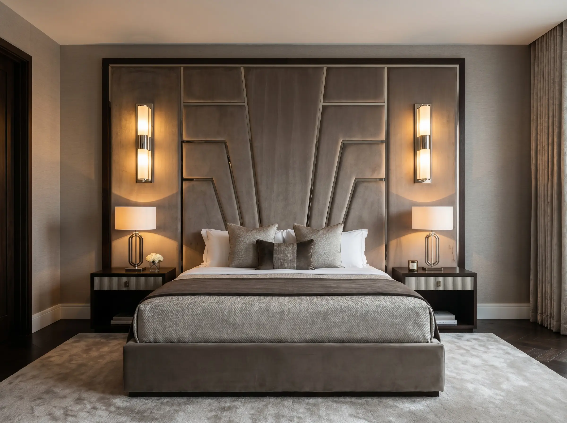 Elongated vertical polished nickel and frosted glass wall sconces flank an oversized headboard and matching nightstands in this 1920s style bedroom layout.