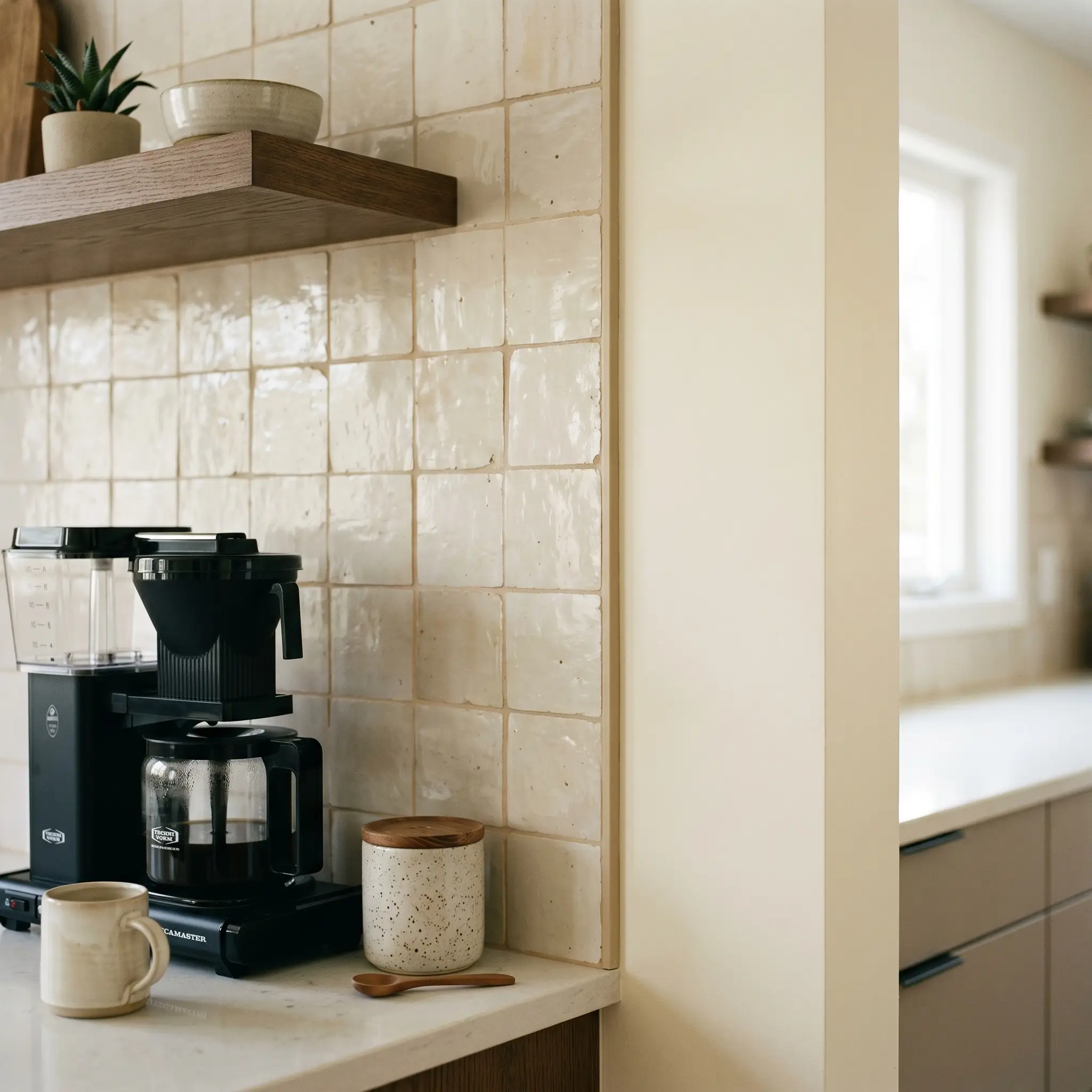 A flush minimal Schluter Jolly metal trim profile in a powder-coated sand color finishes the exposed architectural boundary of an undulating glazed tile wall.