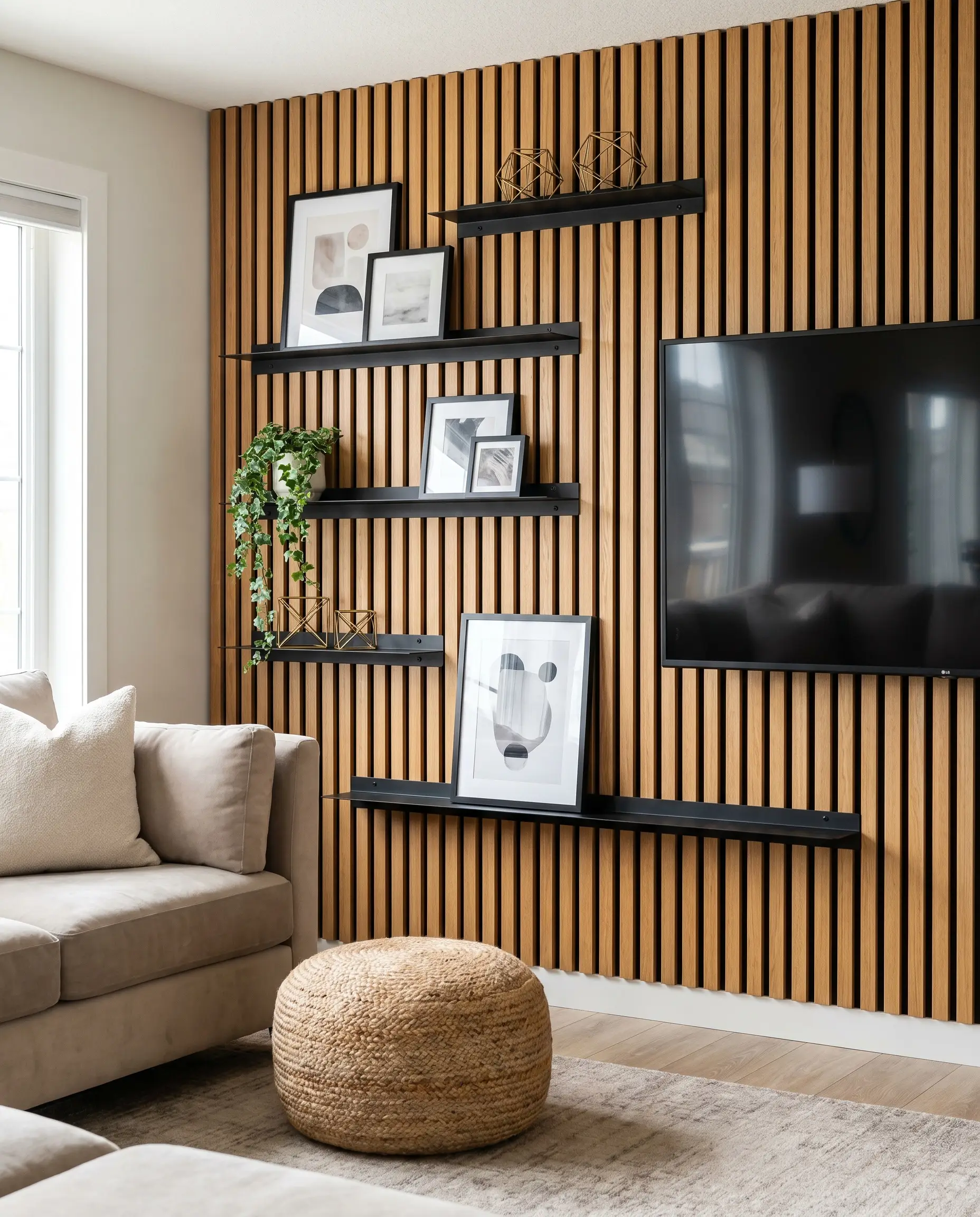 Razor-thin, powder-coated steel floating shelves are bolted asymmetrically directly through the MDF core of a vertical wood slat TV wall, displaying curated art and plants.