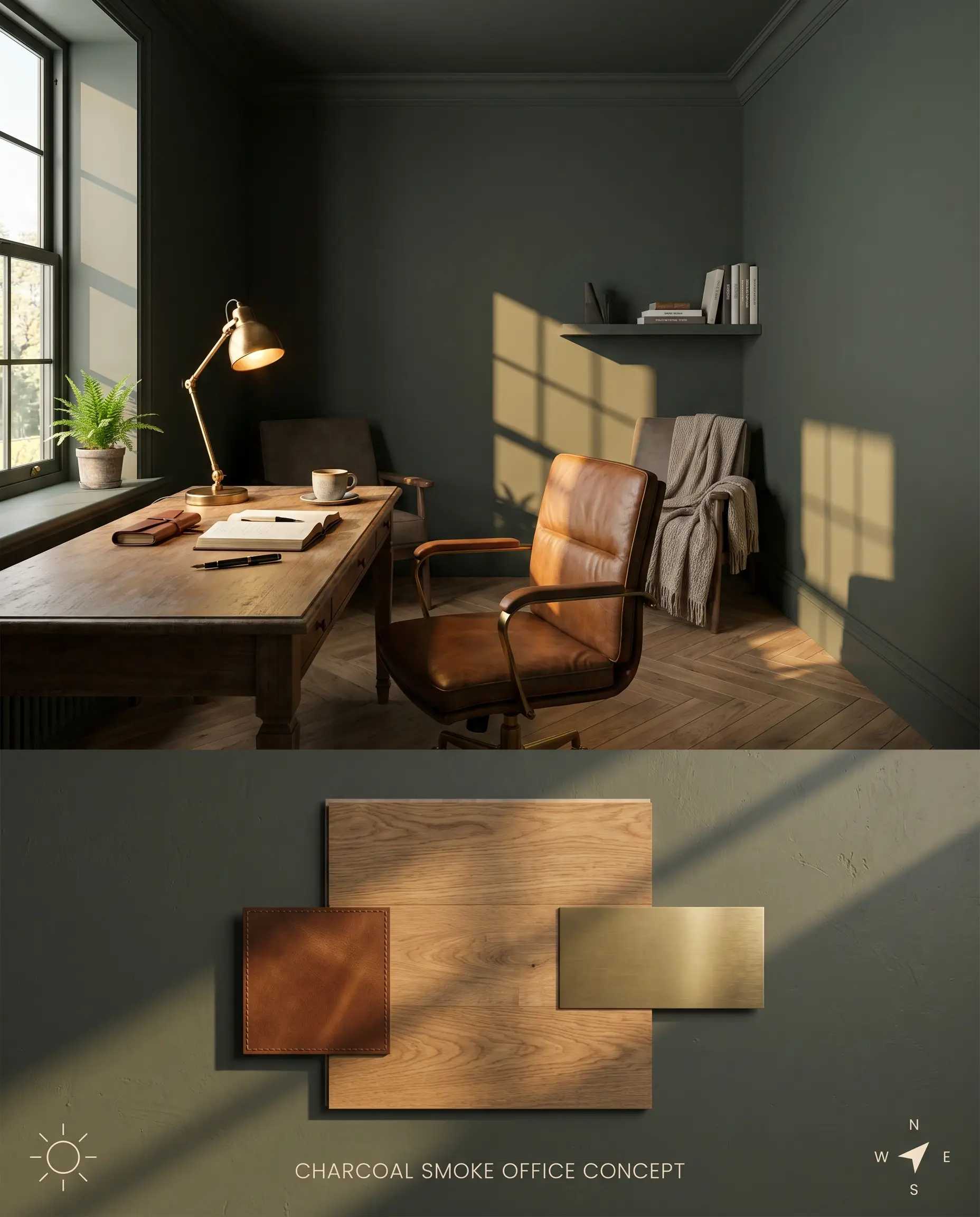 A split digital conceptual board showing a color-drenched PPG Charcoal Smoke home office above, and a flat-lay of white oak, leather, and brass below.
