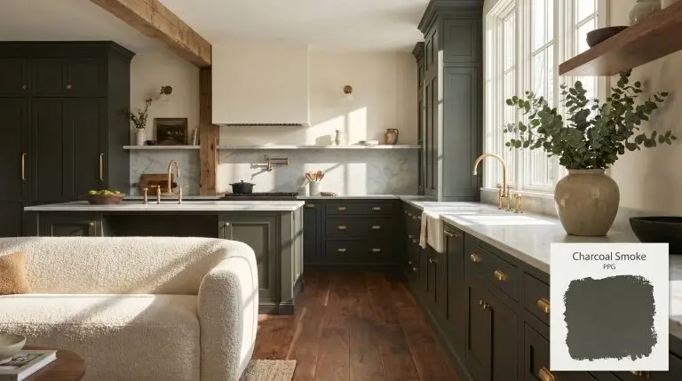 A luxurious kitchen and living space featuring PPG Charcoal Smoke painted walls, honed marble countertops, warm walnut flooring, and unlacquered brass hardware (Hex #474f43).