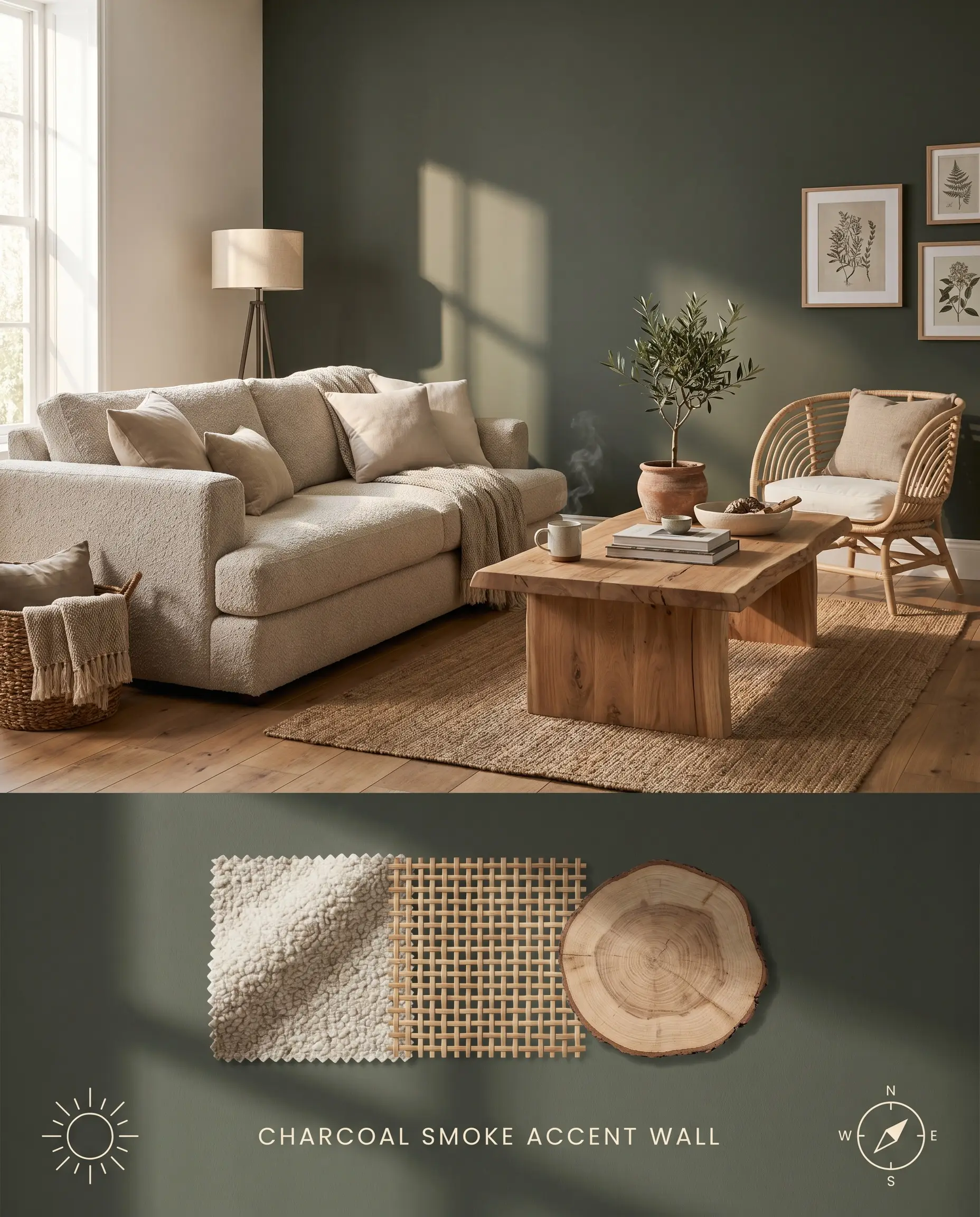 A split digital conceptual board featuring a living room with a dramatic neutral accent wall above, and a textured flat-lay of boucle fabric and rattan below.