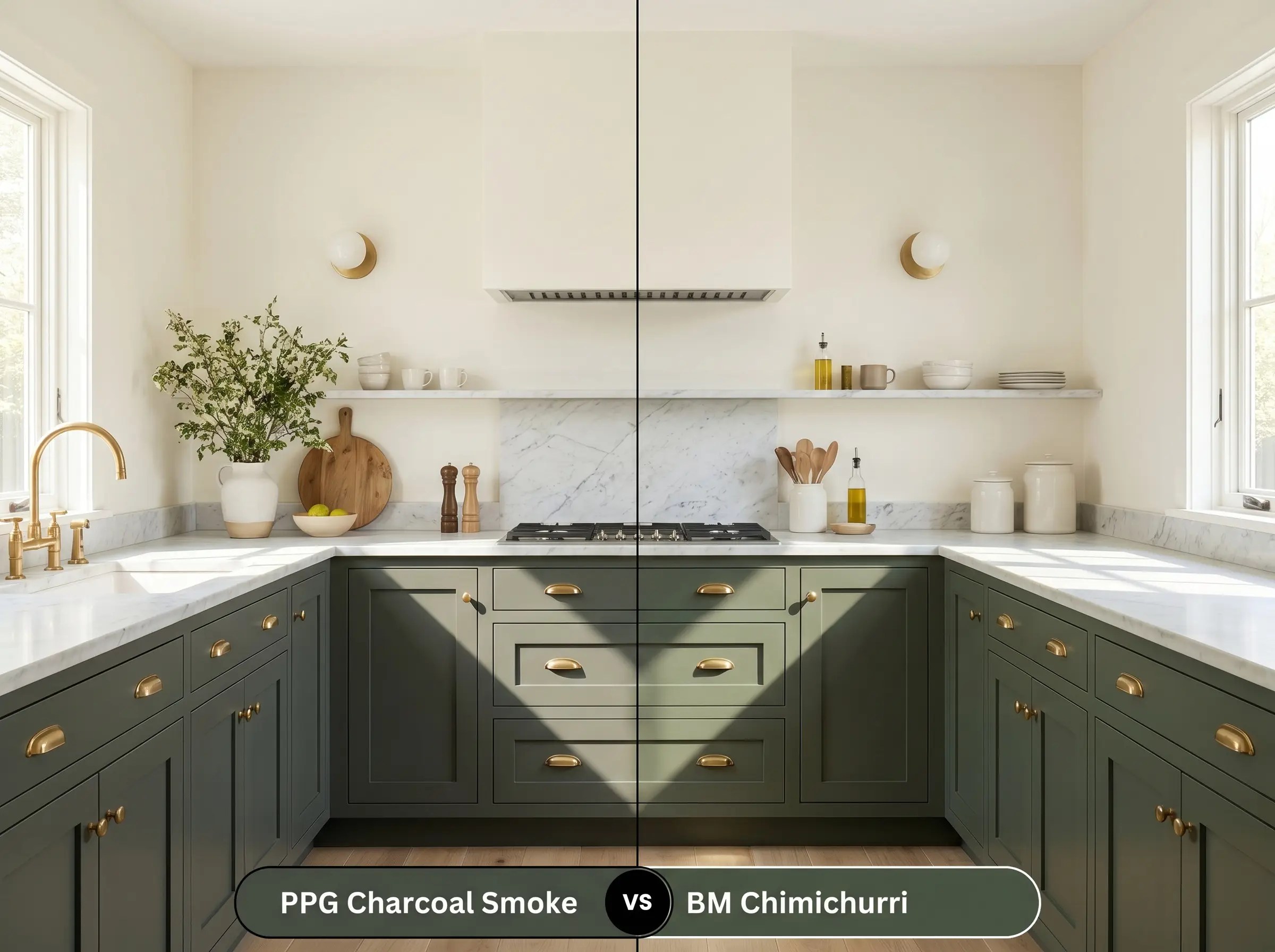 A split-screen comparison board for PPG Charcoal Smoke (Hex #474f43) versus BM Chimichurri (Hex #485241) on sunlit kitchen base cabinets with unlacquered brass hardware.