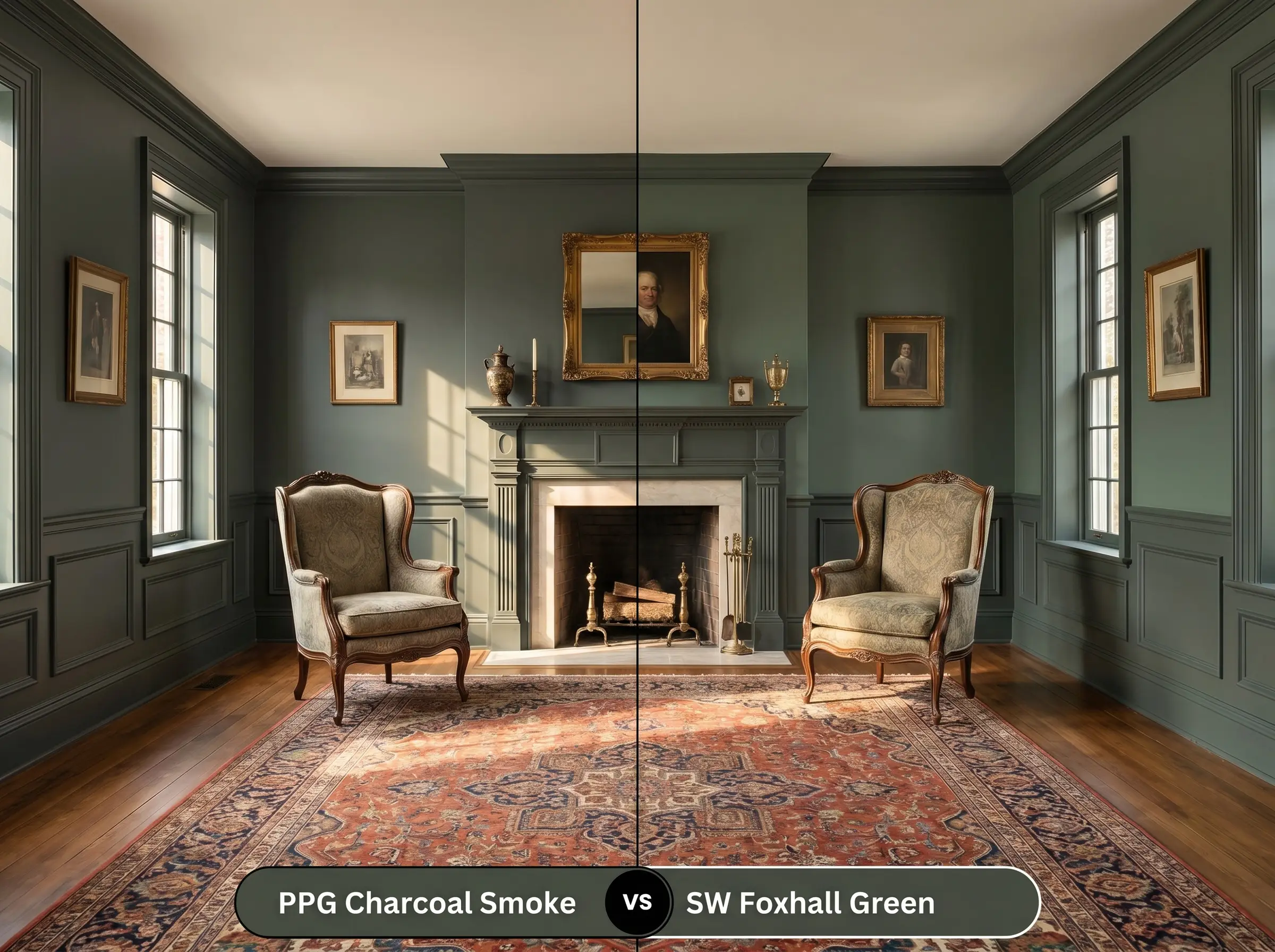 A split-screen comparison board for PPG Charcoal Smoke (Hex #474f43) versus SW Foxhall Green (Hex #454B40), showing a historic living room with classic wainscoting.