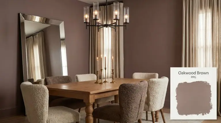 A turned-leg oak dining table and worsted wool chairs sit inside a modern rustic dining room painted in PPG Oakwood Brown (Hex #8f716e).