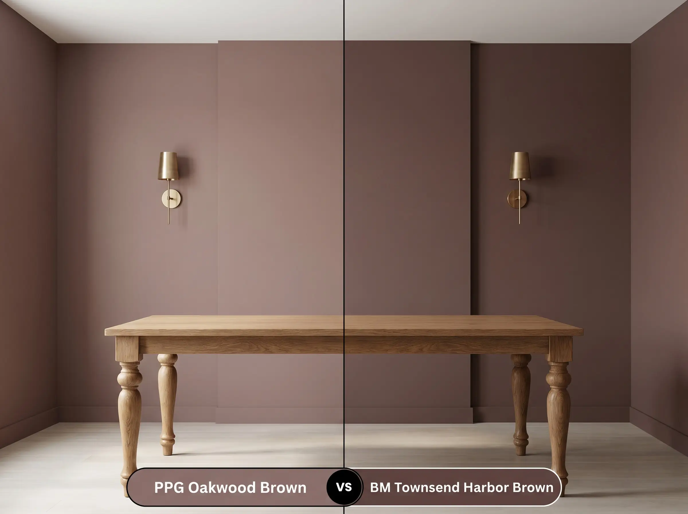 A side-by-side split-screen comparison of PPG Oakwood Brown on the left and Benjamin Moore Townsend Harbor Brown on the right, shown in a dining room with a turned-leg oak table.