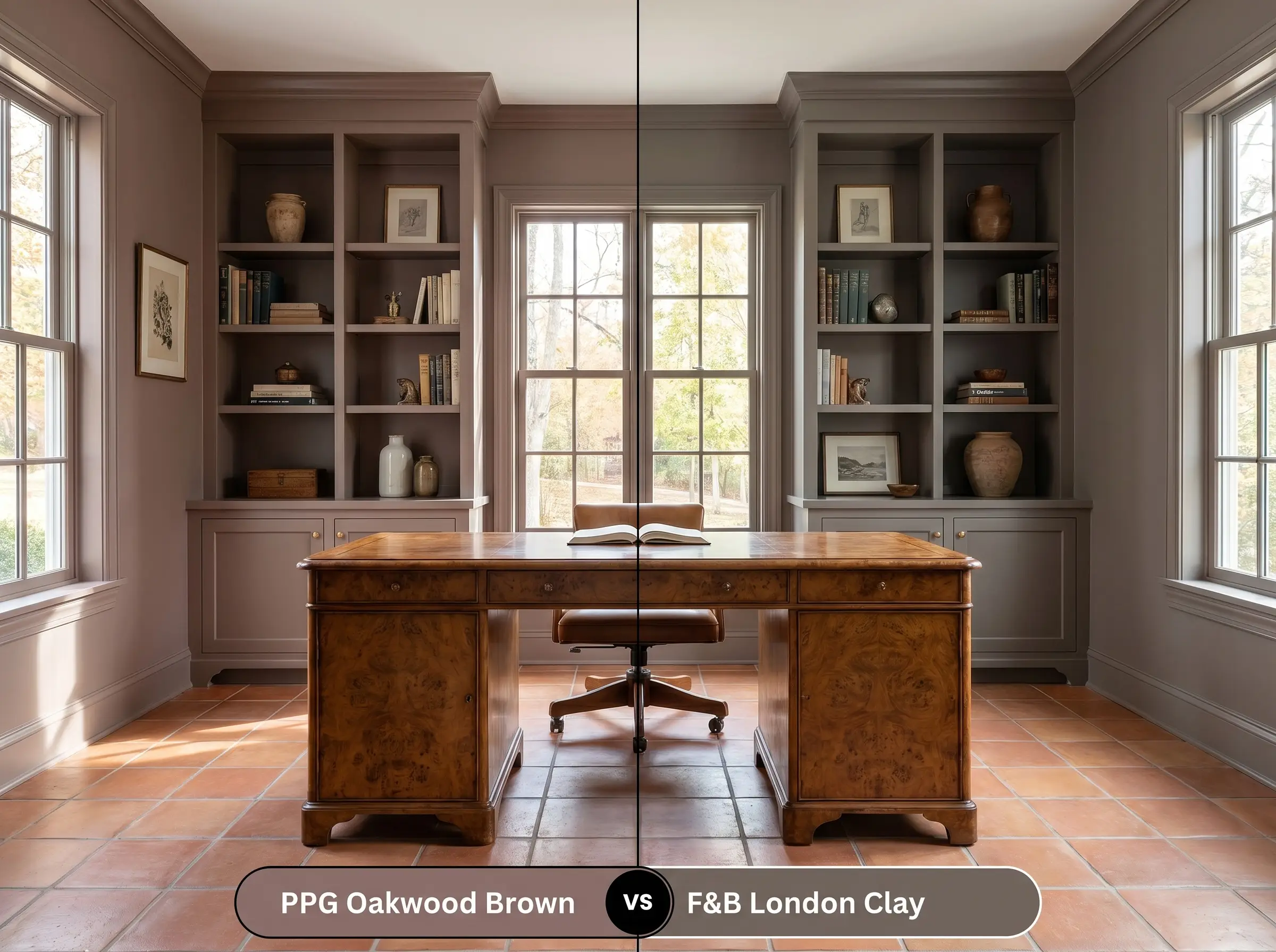 A side-by-side split-screen comparison of PPG Oakwood Brown on the left and Farrow & Ball London Clay on the right, shown in a home study featuring a vintage burl wood desk.
