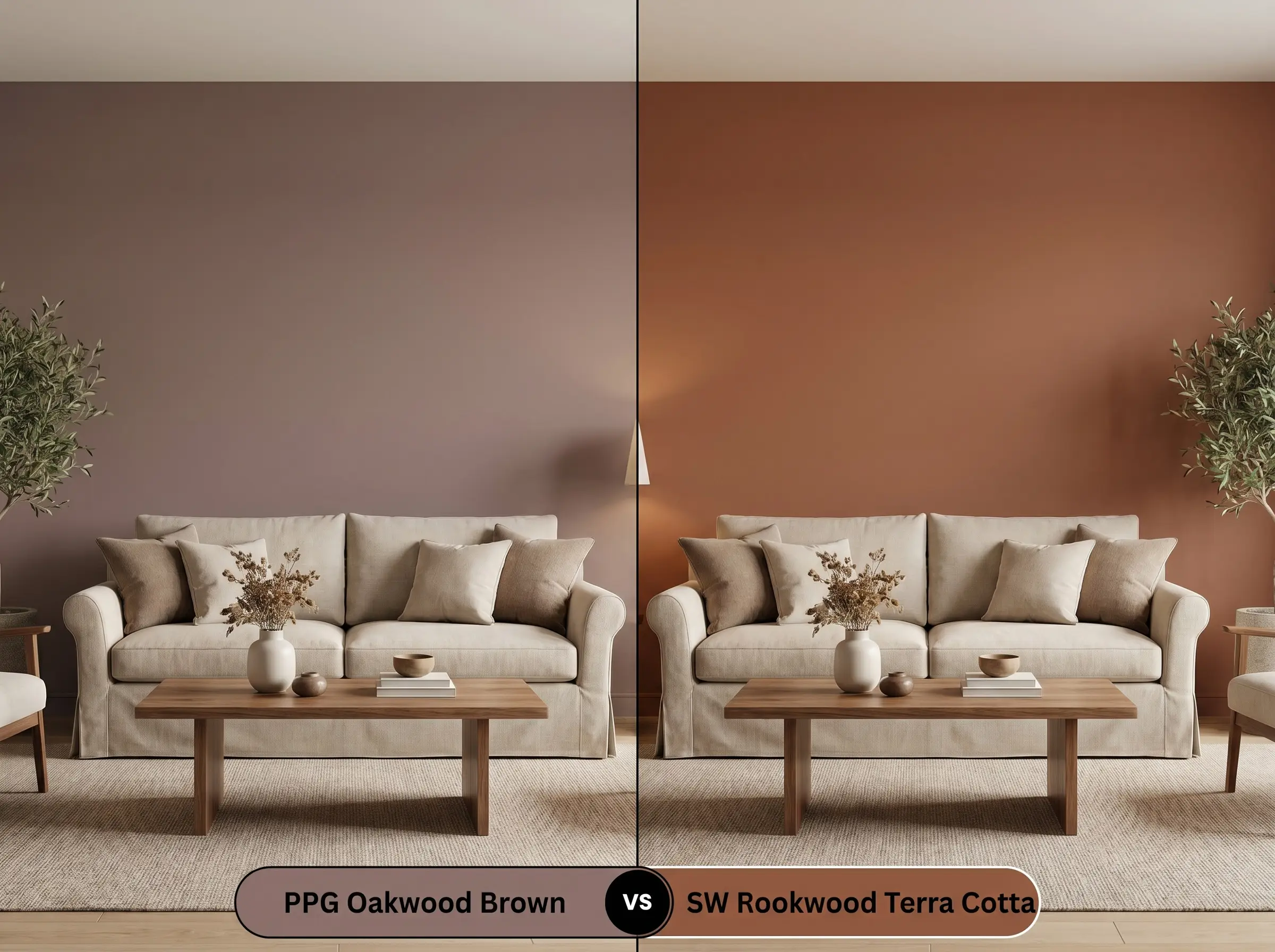 A side-by-side split-screen comparison of PPG Oakwood Brown on the left and Sherwin-Williams Rookwood Terra Cotta on the right, shown in a living room featuring a slipcovered linen sofa.