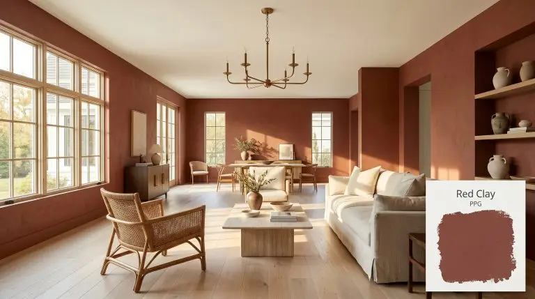 A suburban living room painted in PPG Red Clay (Hex #89483e) features bleached white oak floors, a woven rattan chair, and a honed travertine coffee table.
