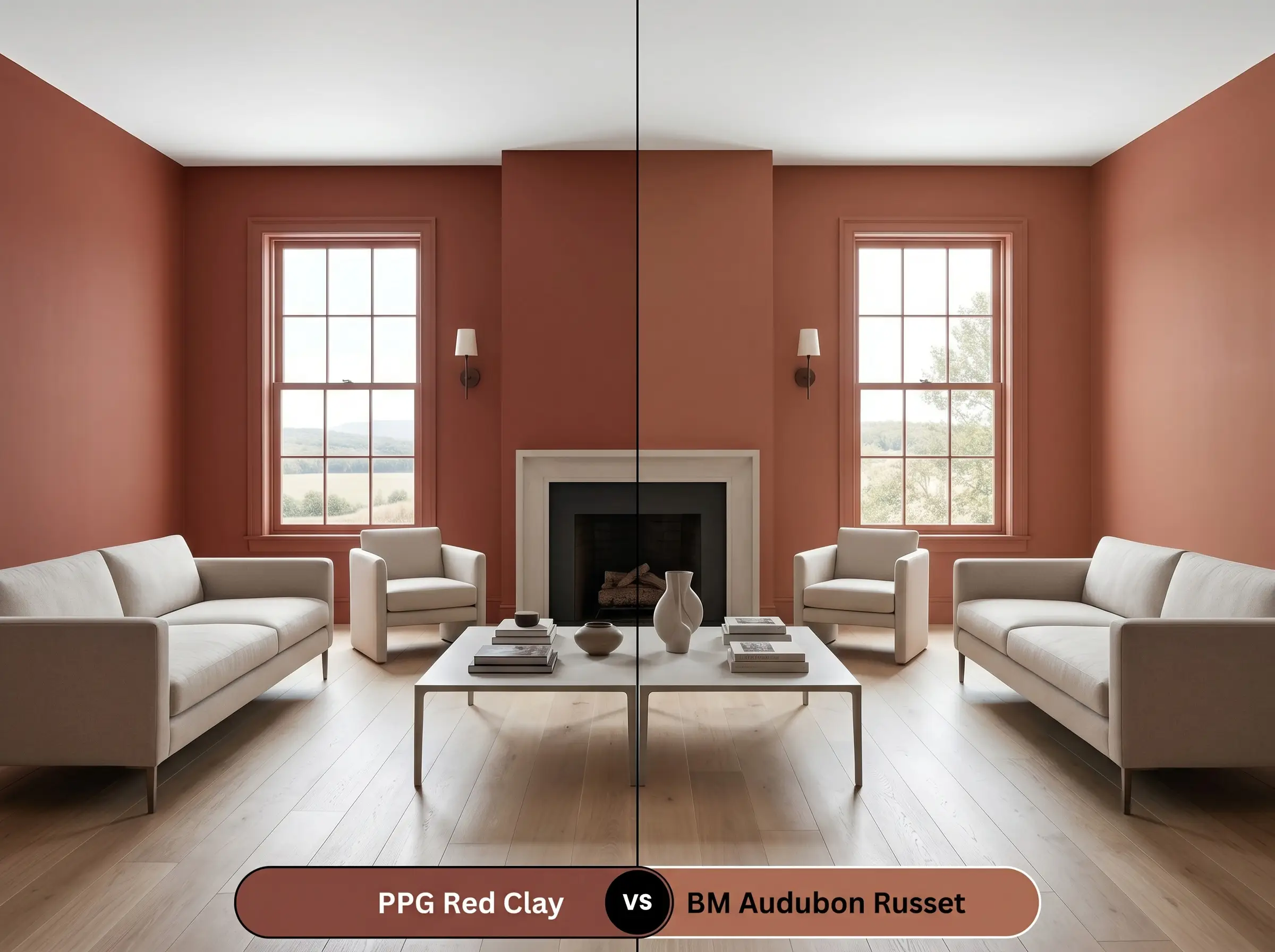 A side-by-side split-screen comparison of PPG Red Clay on the left and Benjamin Moore Audubon Russet on the right, shown in a living room featuring a crisp white ceiling.