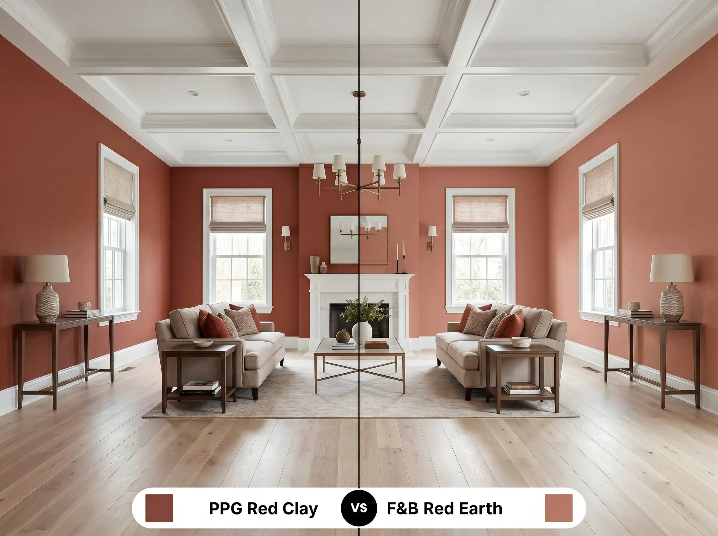 A side-by-side split-screen comparison of PPG Red Clay on the left and Farrow & Ball Red Earth on the right, shown in a mirrored living room with bleached oak floors.