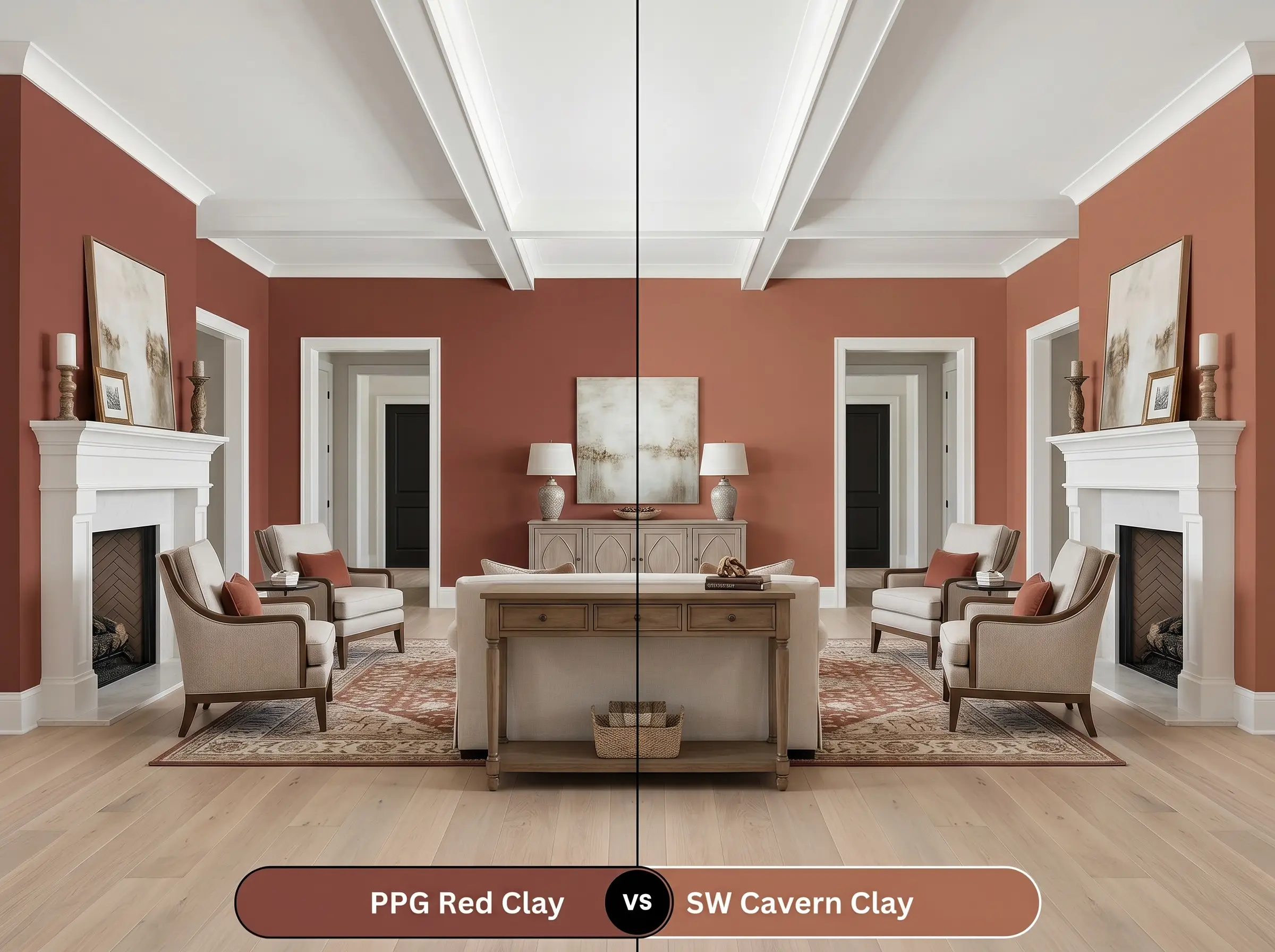 A side-by-side split-screen comparison of PPG Red Clay on the left and Sherwin-Williams Cavern Clay on the right, shown in a living room with bleached oak floors.