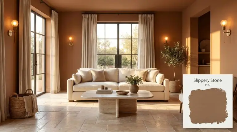 A plush ivory worsted wool sofa and honed travertine coffee table sit inside a bright living room painted in PPG Slippery Stone (Hex #8d6a4a).