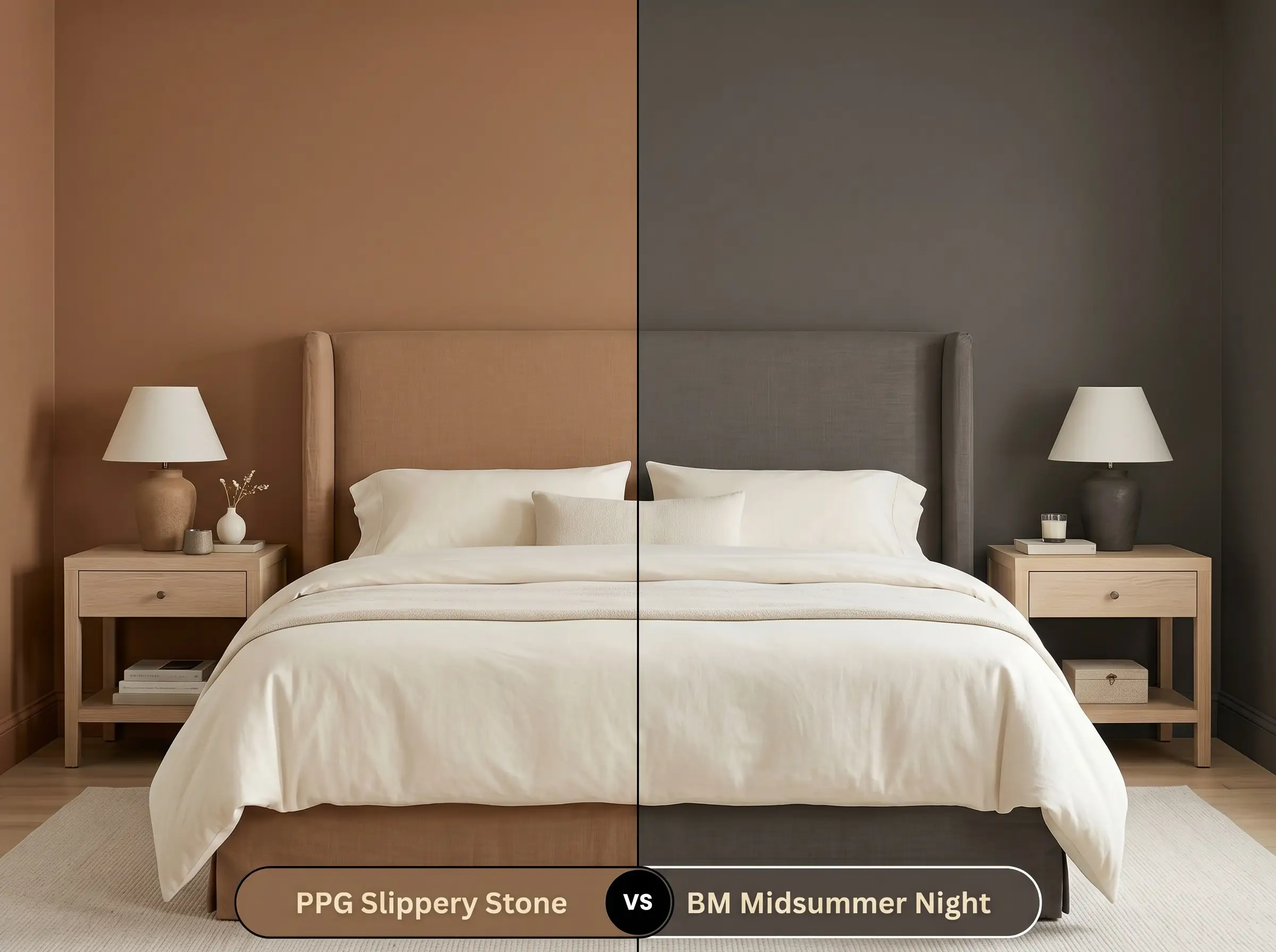 A side-by-side split-screen comparison of PPG Slippery Stone on the left and Benjamin Moore Midsummer Night on the right, shown in a mirrored bedroom.