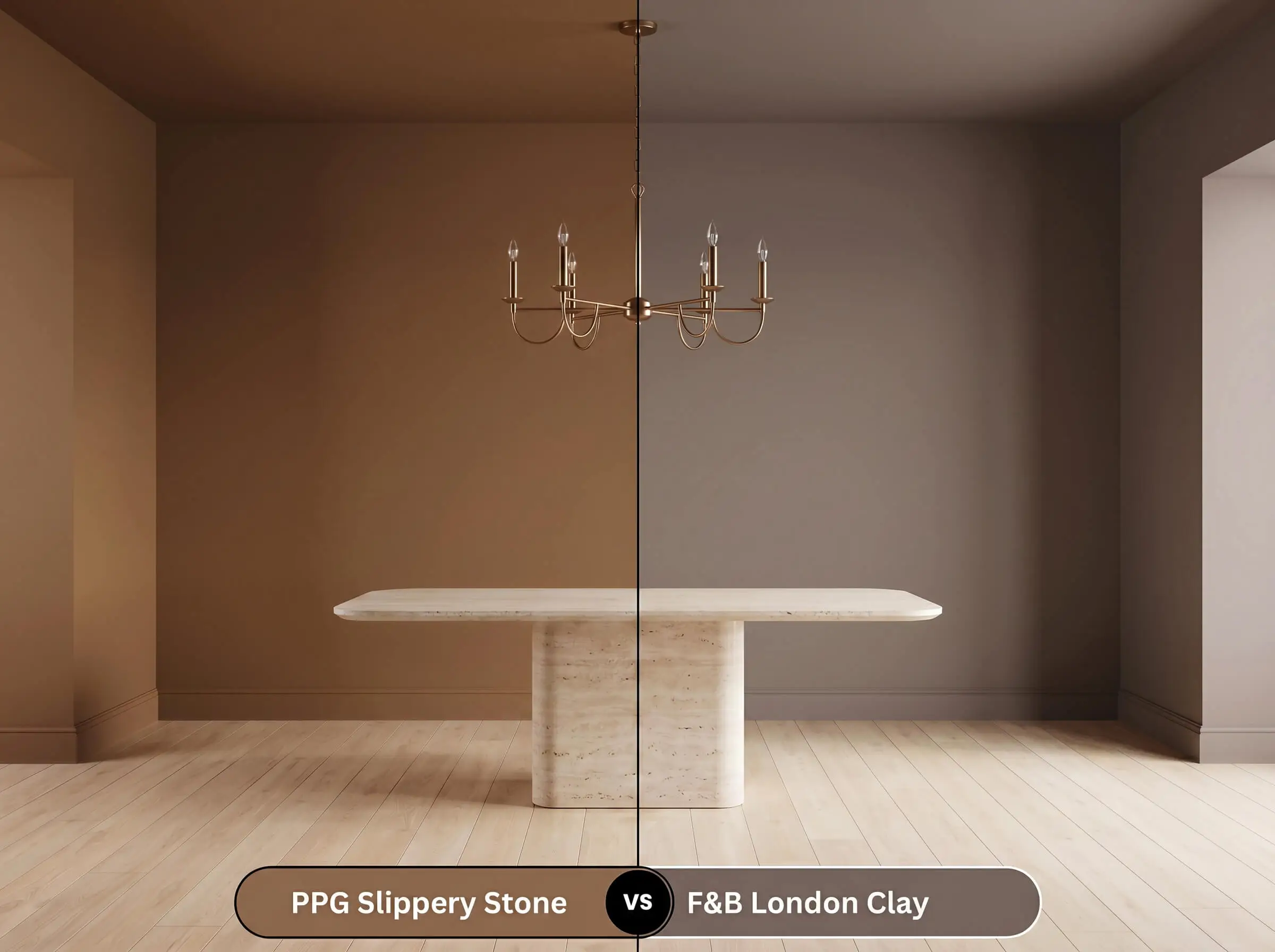 A side-by-side split-screen comparison of PPG Slippery Stone on the left and Farrow & Ball London Clay on the right, shown in a formal dining room.