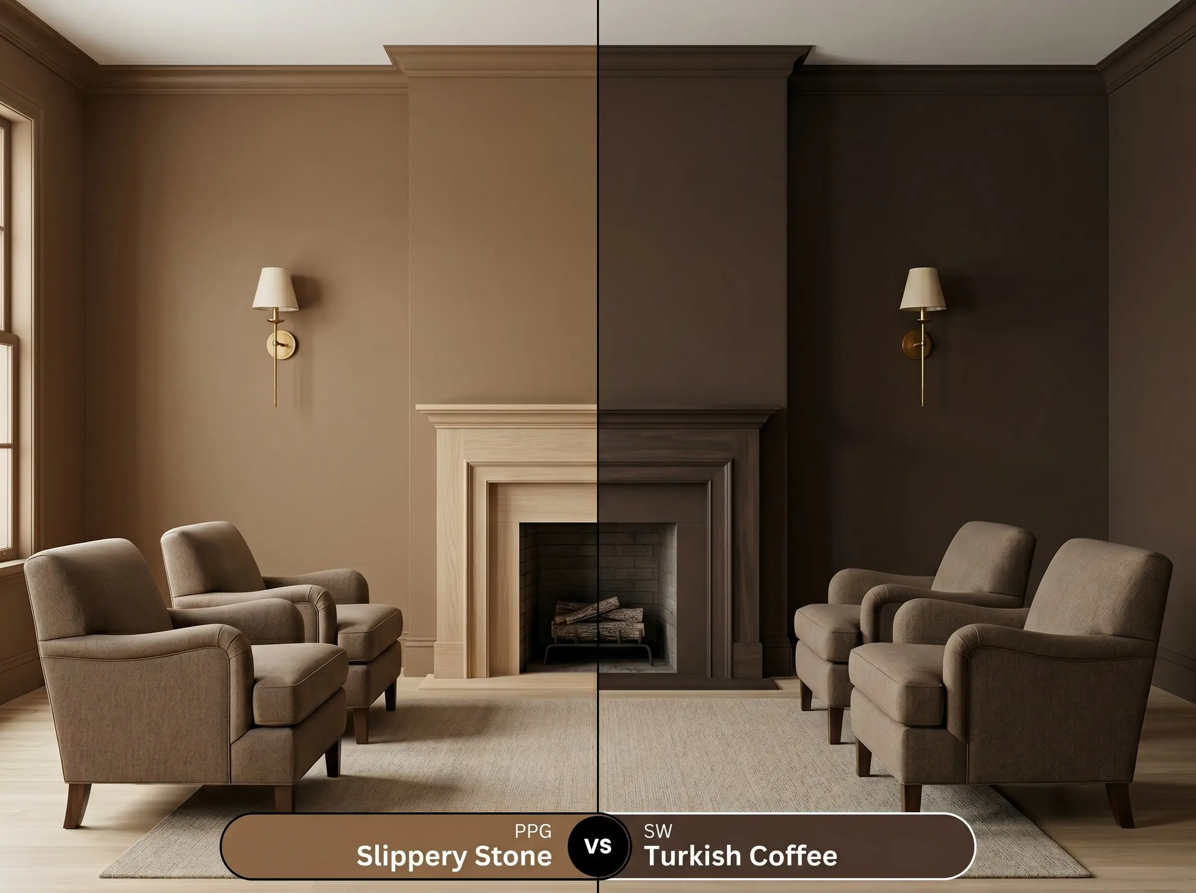 A side-by-side split-screen comparison of PPG Slippery Stone on the left and Sherwin-Williams Turkish Coffee on the right, shown in a mirrored living room.