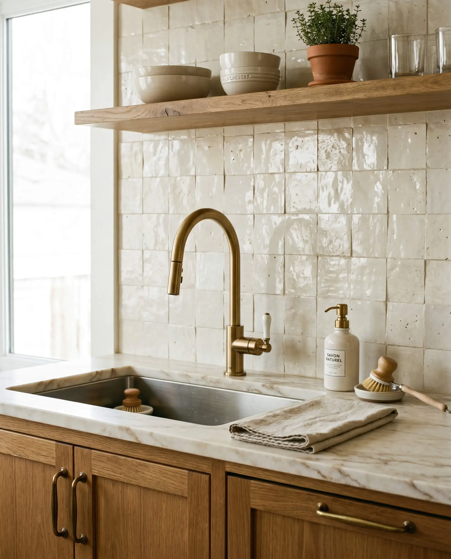 A pristine sink area set against an authentic cream zellige backsplash kitchen ideas installation displays celebrated pit and chip wabi-sabi texture flawlessly installed.