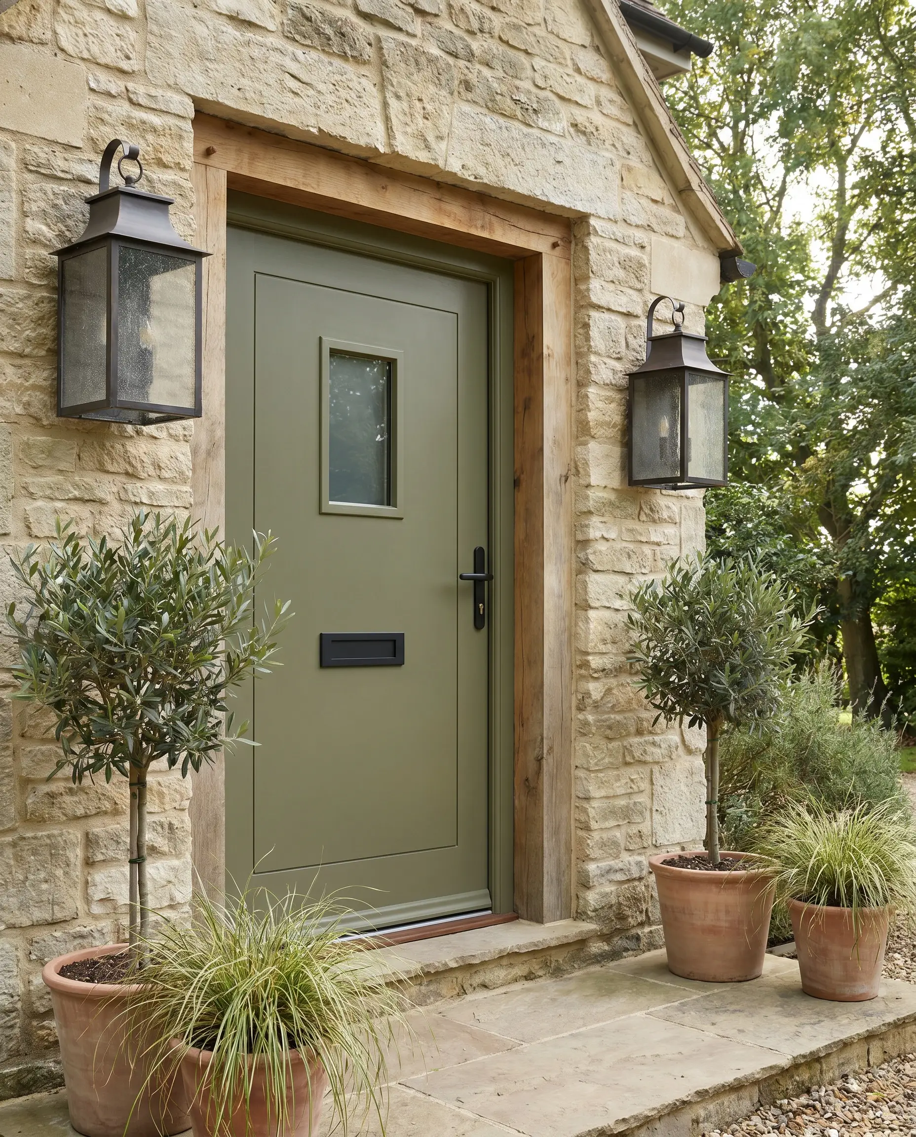 A sophisticated olive green front door with a sleek matte black handle set integrates flawlessly alongside heavy timber framing and a natural limestone porch.