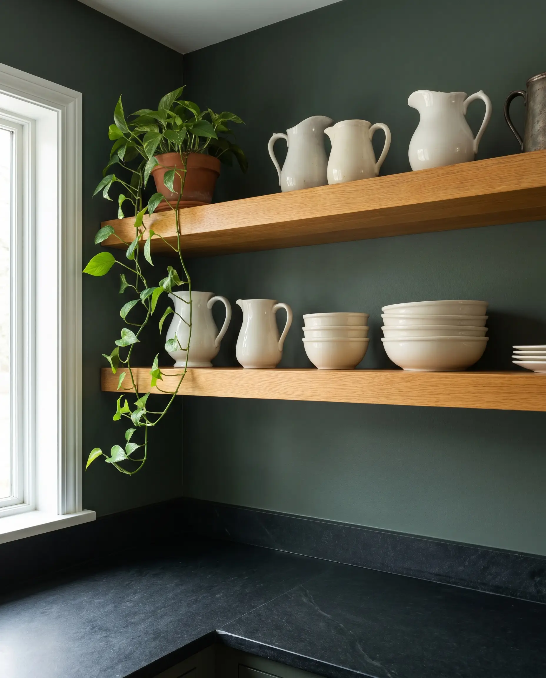 Thick quarter-sawn white oak floating shelves mounted against a Farrow and Ball Studio Green wall hold a collection of ironstone pitchers above dark stone counters.